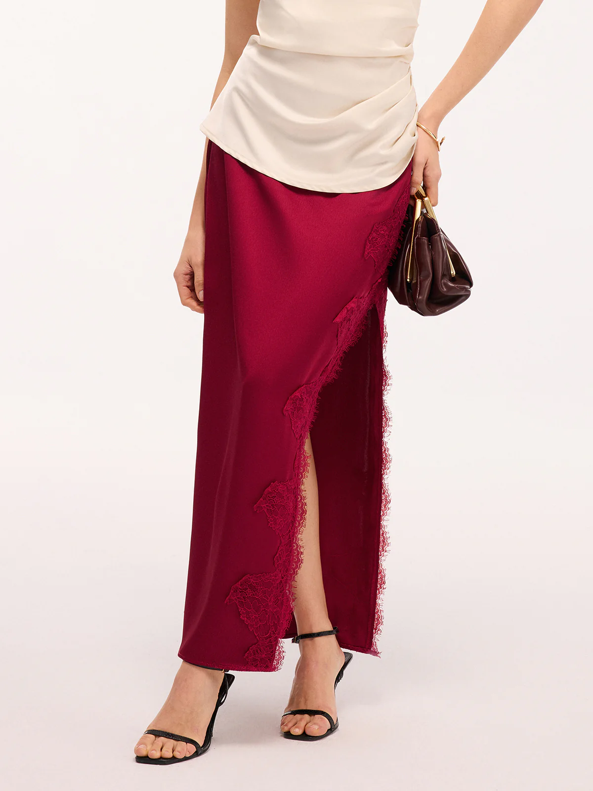 Side Slit Lace Trim Satin Maxi Skirt - Image 4