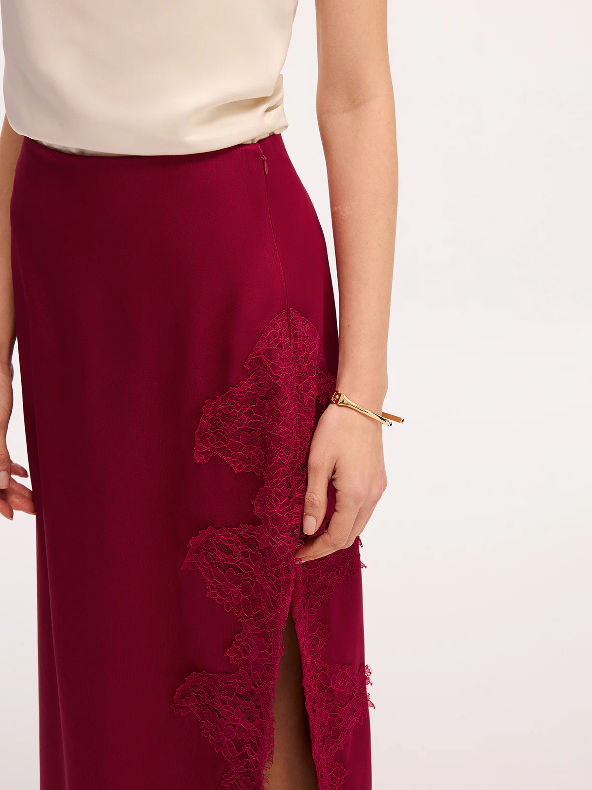 Side Slit Lace Trim Satin Maxi Skirt - Image 5