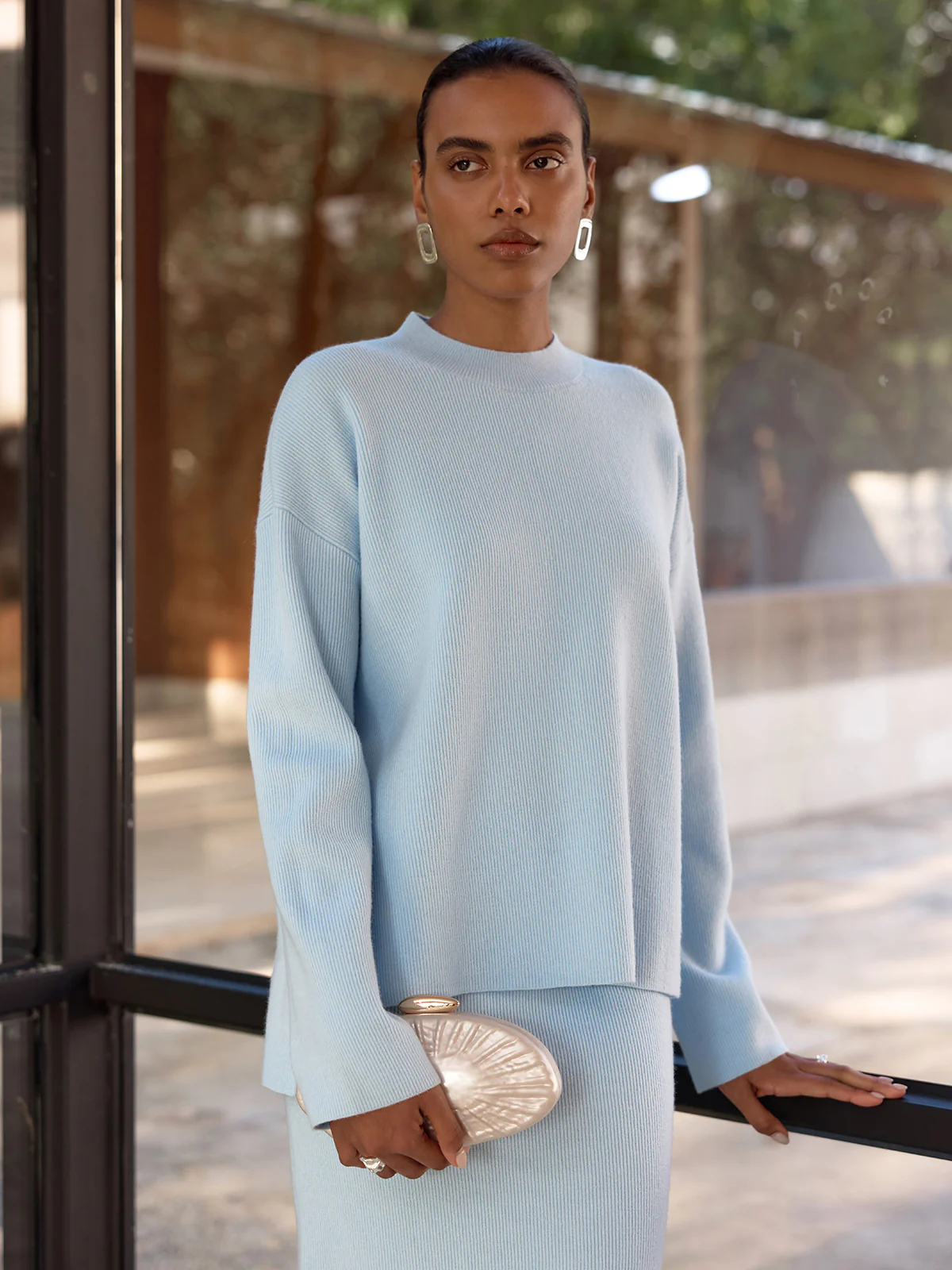 Side-Slit Ribbed Knit Top & Midi Skirt Set - Image 2