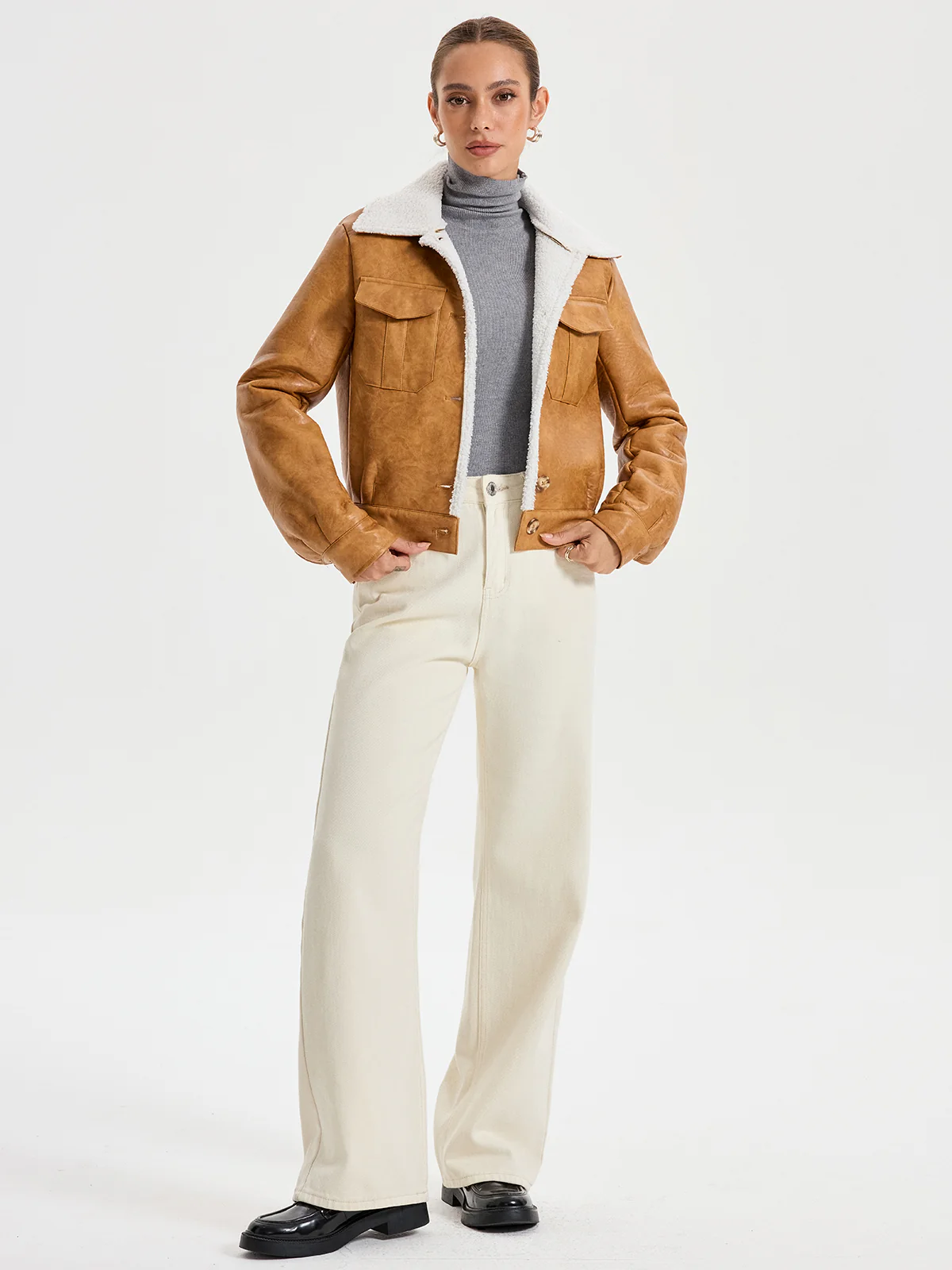 Single-breasted Shearling Jacket with Front Pockets - Image 6