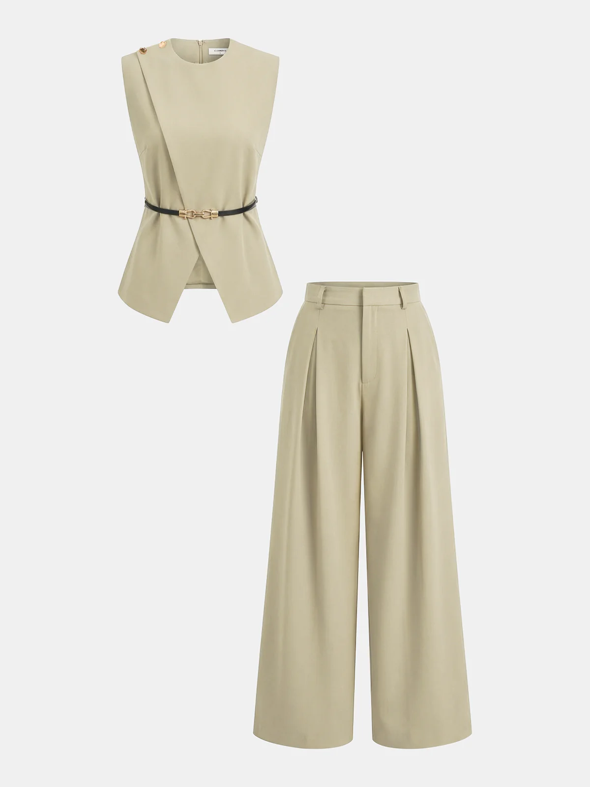 Sleeveless Belted Top & Pleated Pants Set - Image 11