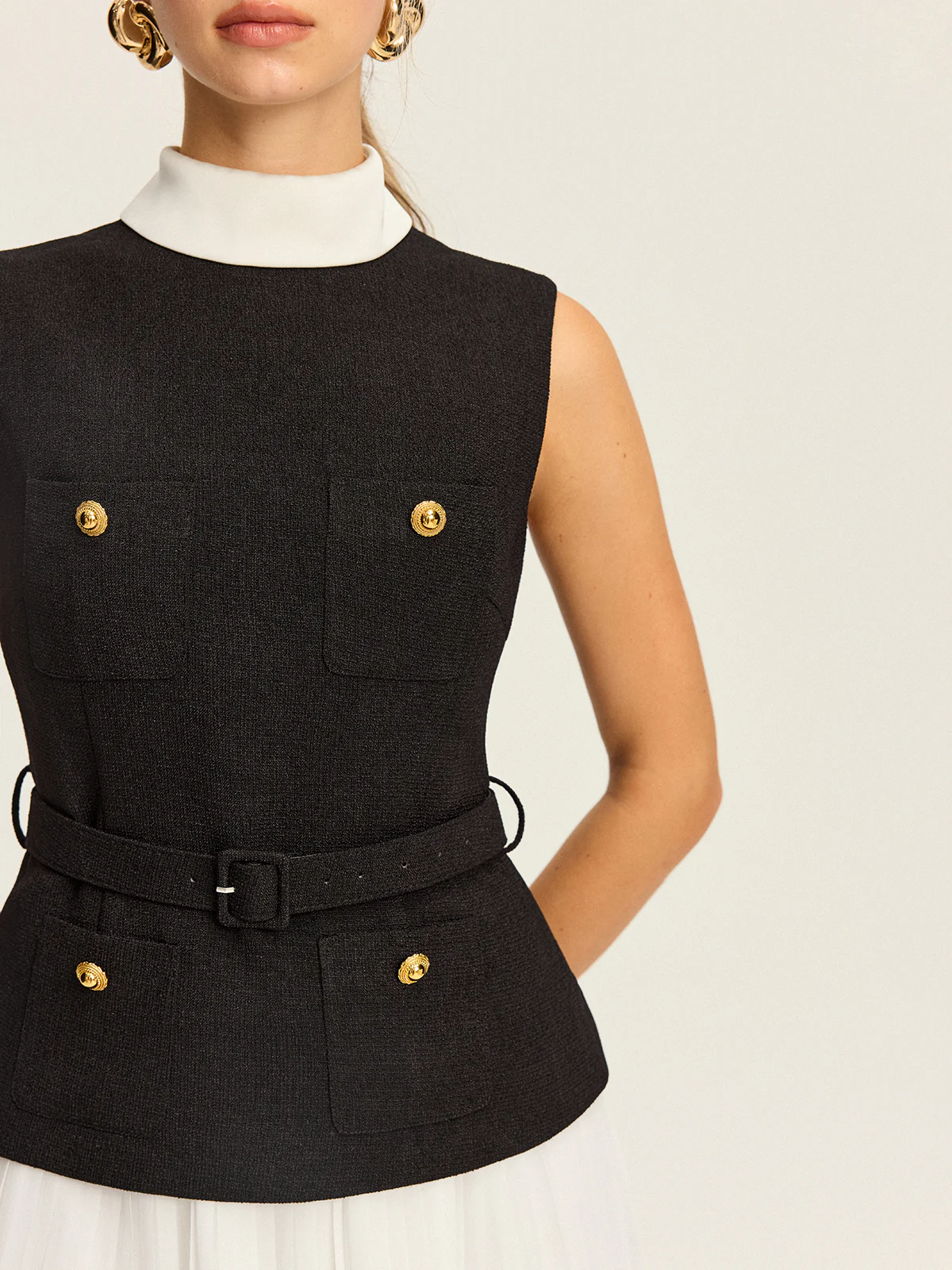 Sleeveless Belted Vest and Pleated Skirt Set - Image 5