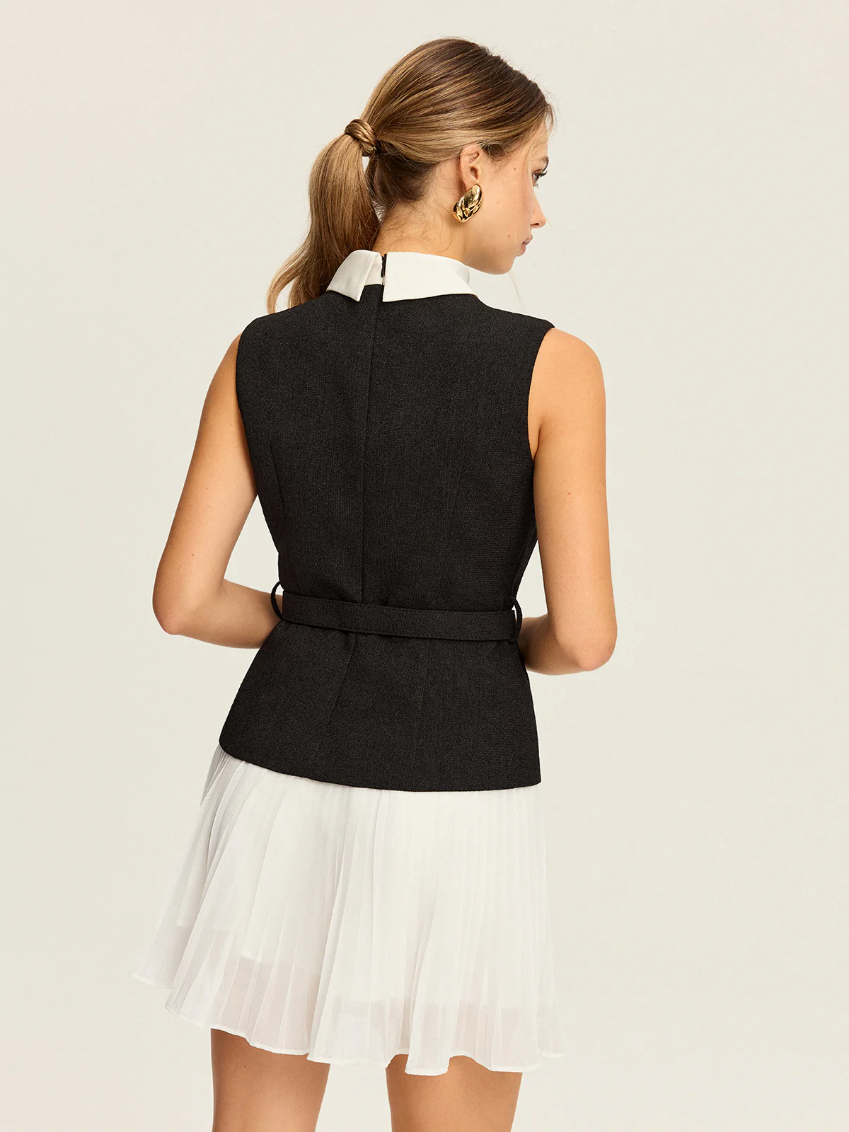 Sleeveless Belted Vest and Pleated Skirt Set - Image 7