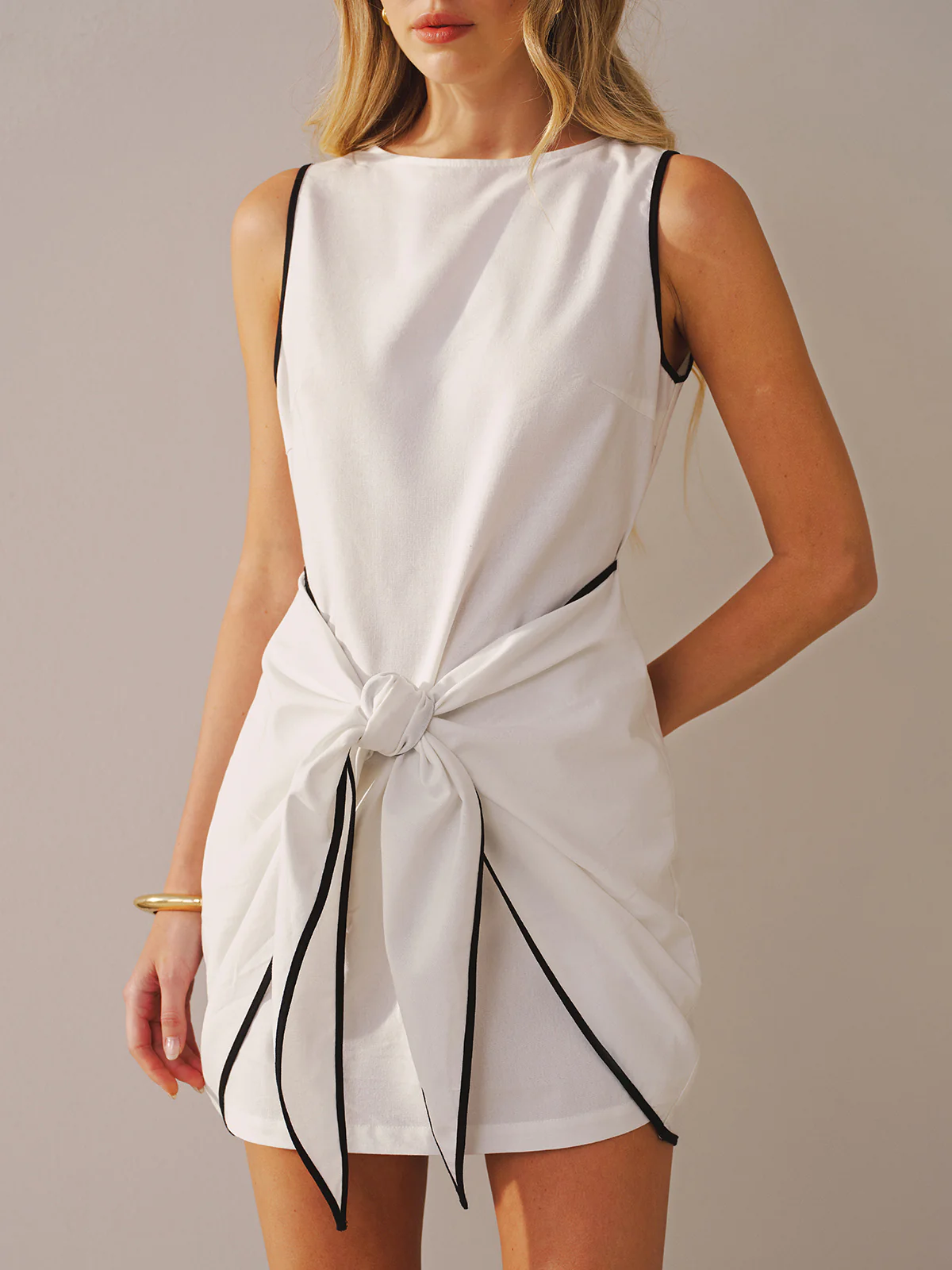 Sleeveless Cotton-Linen Knot-Waist Mini Dress - Image 4