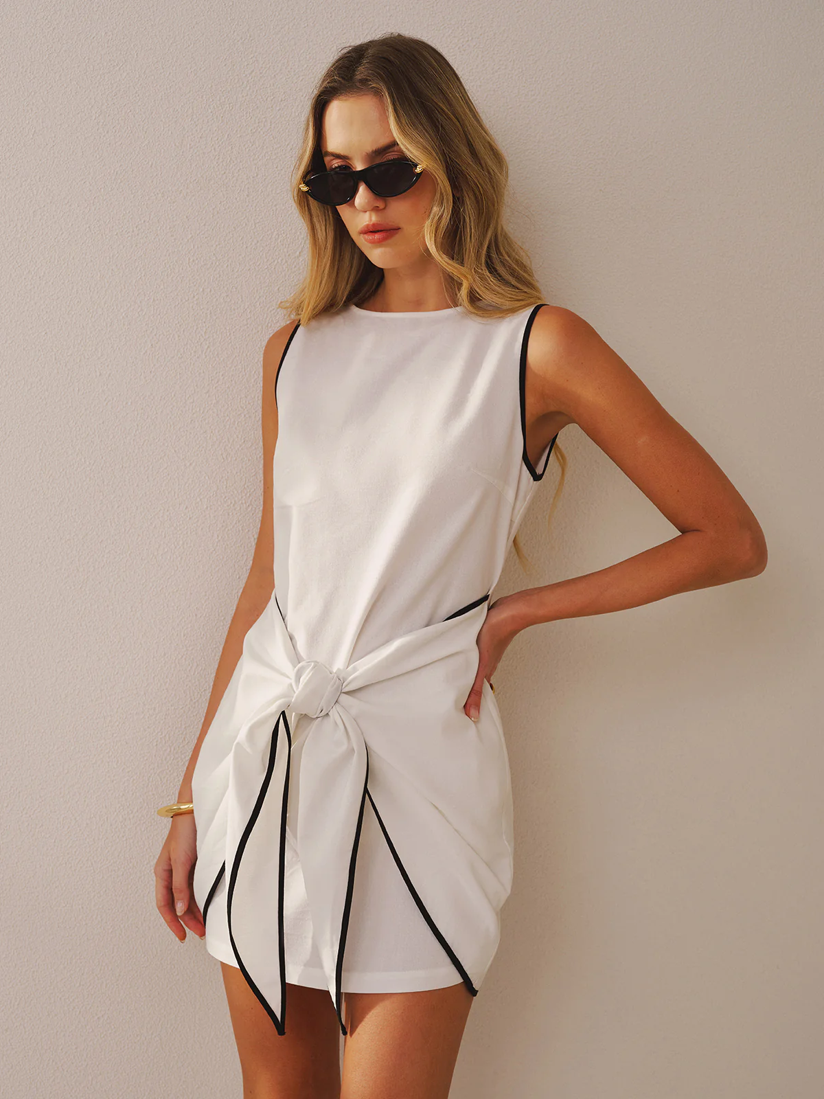 Sleeveless Cotton-Linen Knot-Waist Mini Dress - Image 5