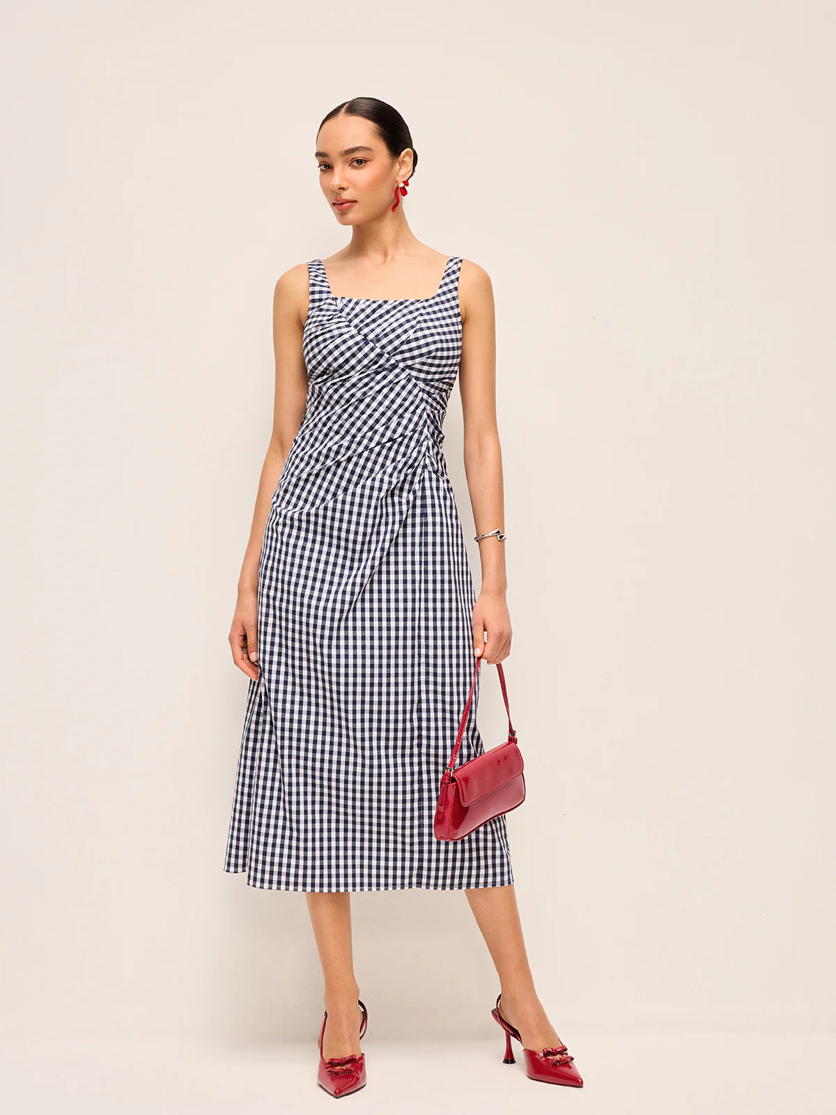 Sleeveless Gingham Dress With Asymmetric Pleats - Image 2