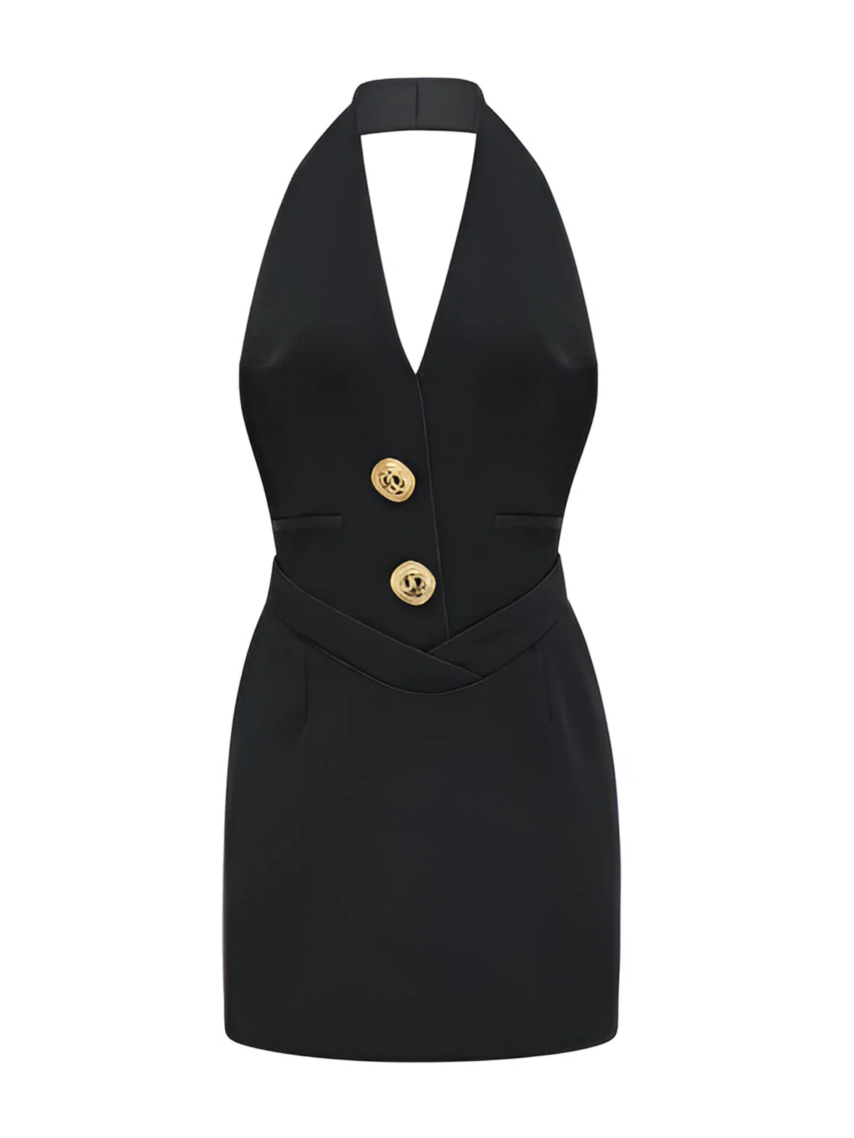 Sleeveless Halter V Neck Dress With Gold Buttons - Image 4