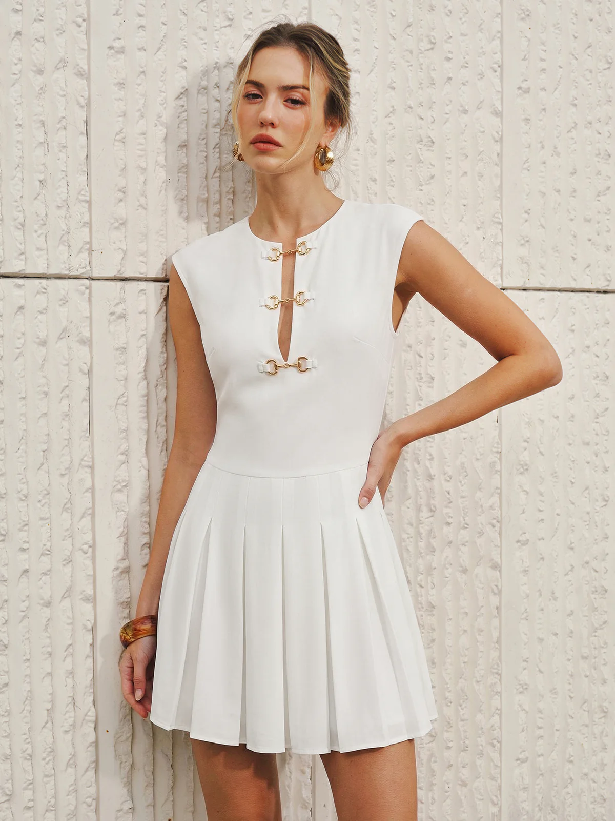 Sleeveless Horsebit Pleated Mini Dress