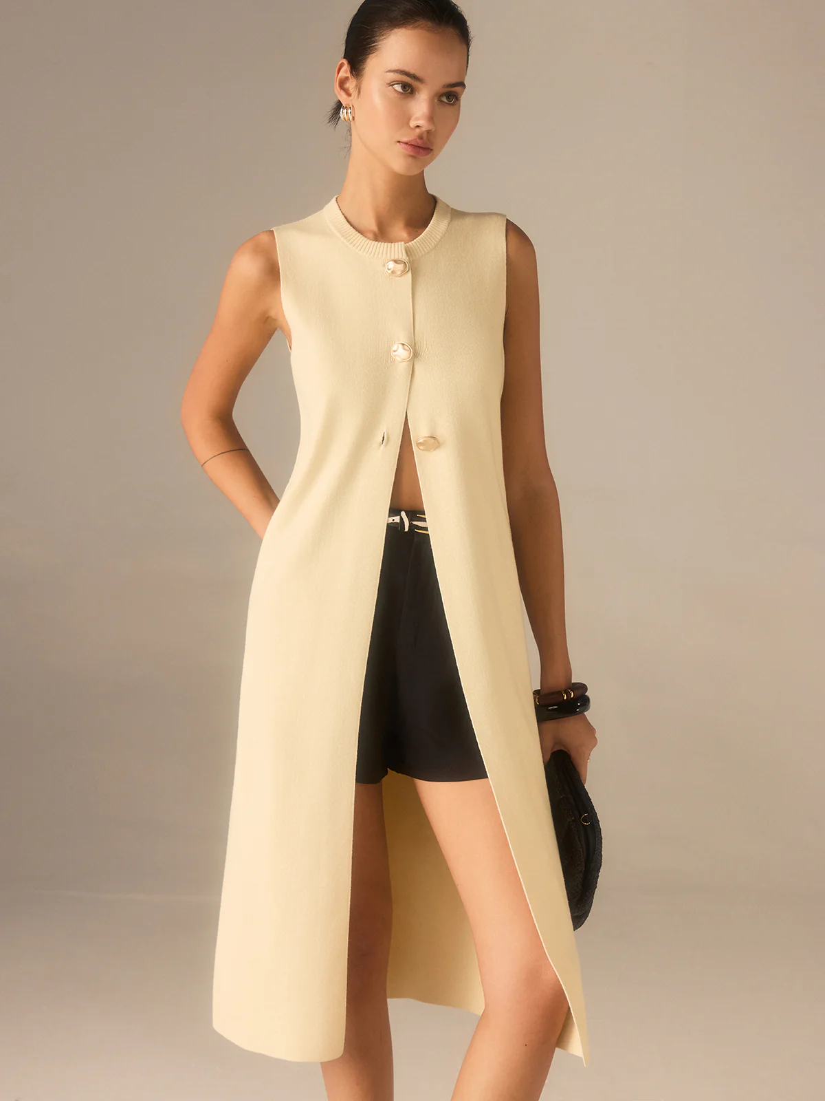 Sleeveless Knit Midi Top with Metal Button Front
