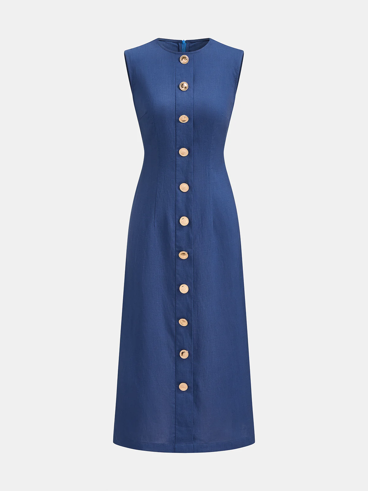 Sleeveless Metal Detail Linen Blend Midi Dress