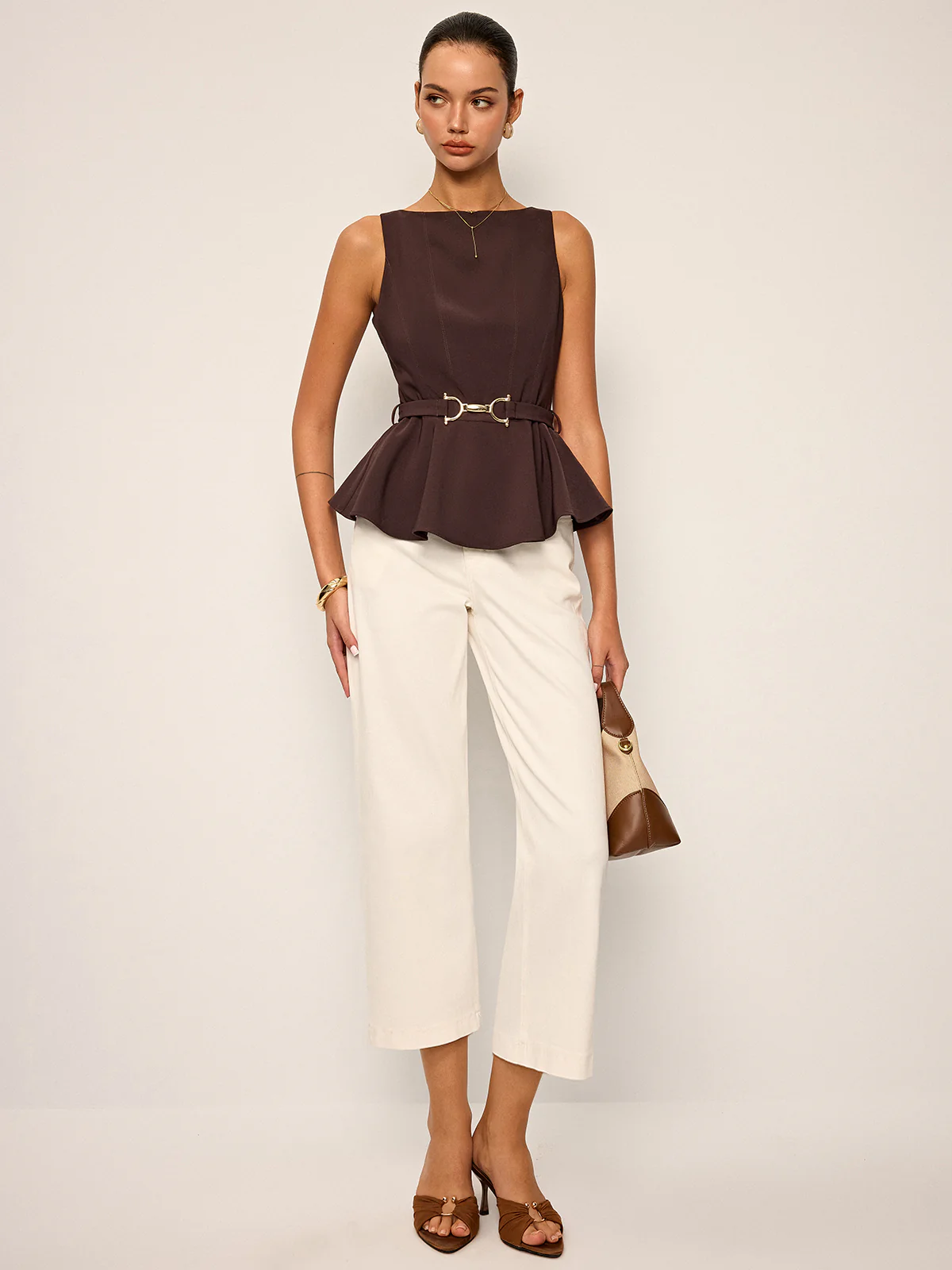 Sleeveless Peplum Top with Metal Buckle Belt - Image 2