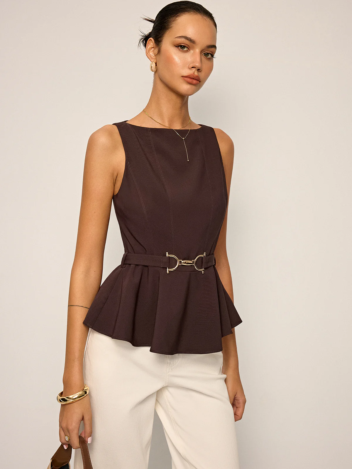 Sleeveless Peplum Top with Metal Buckle Belt - Image 3