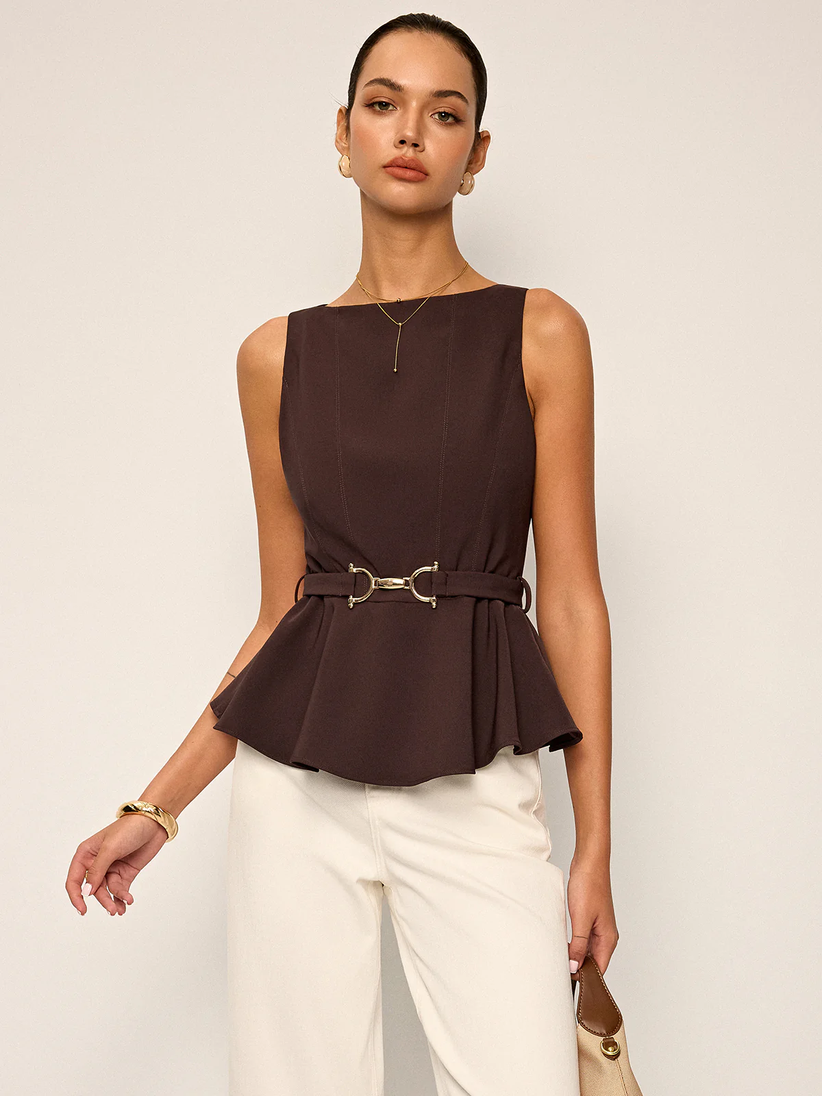 Sleeveless Peplum Top with Metal Buckle Belt - Image 6
