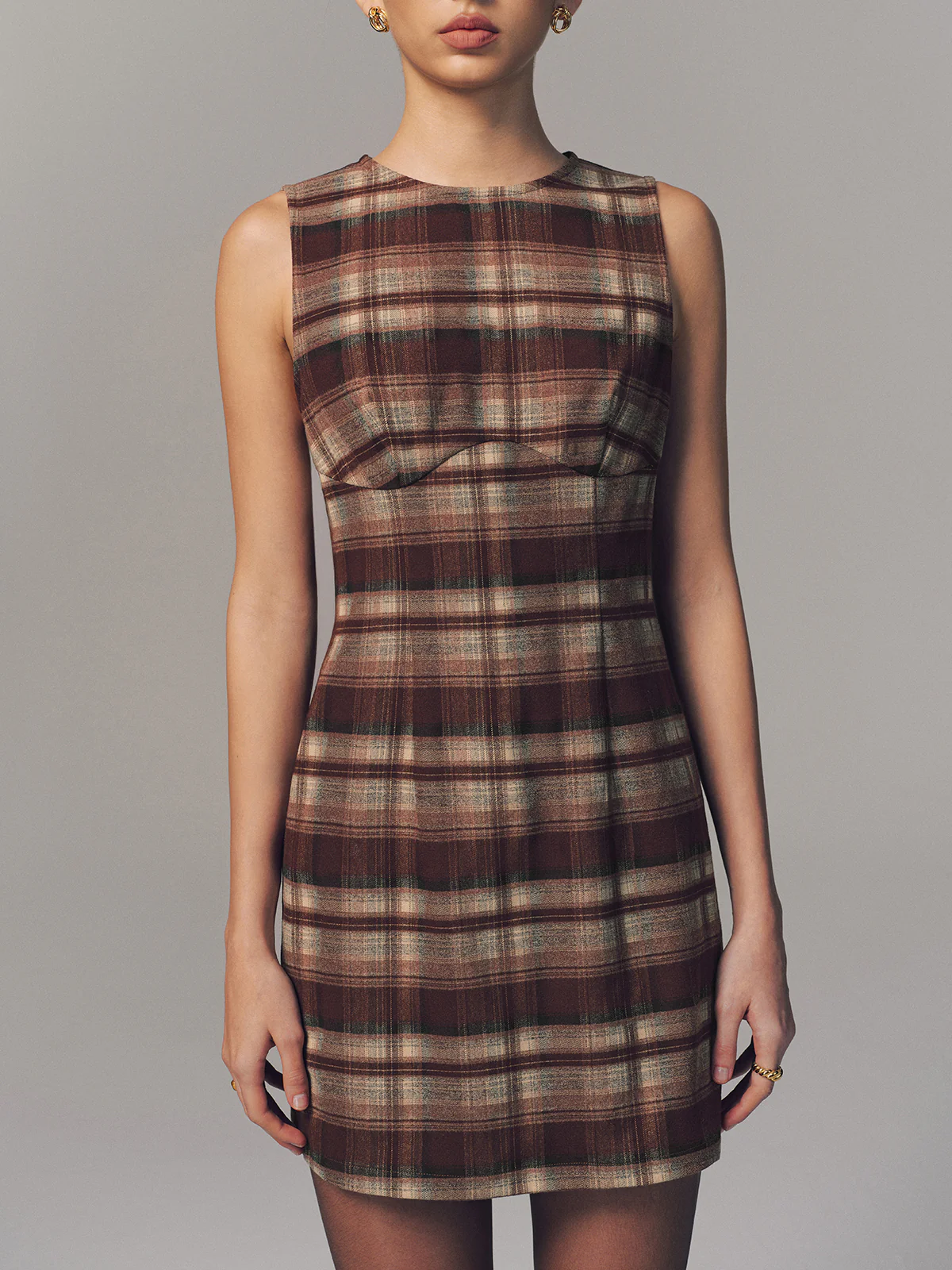 Sleeveless Plaid Fitted Mini Dress - Image 2