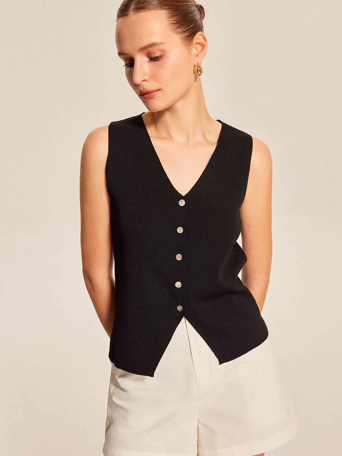 Sleeveless Ribbed Knit Button-Up Top