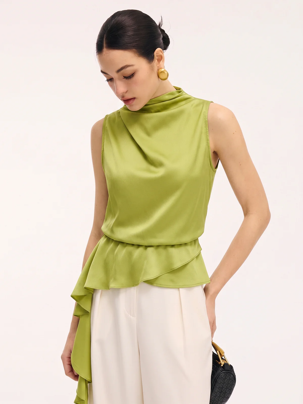 Sleeveless Satin Cowl Neck Peplum Blouse