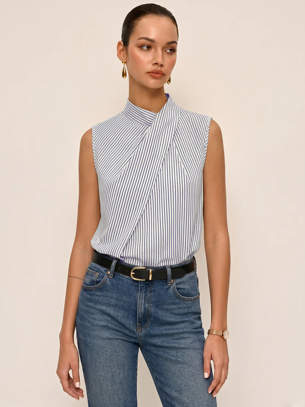 Sleeveless Striped High Neck Blouse - Image 8