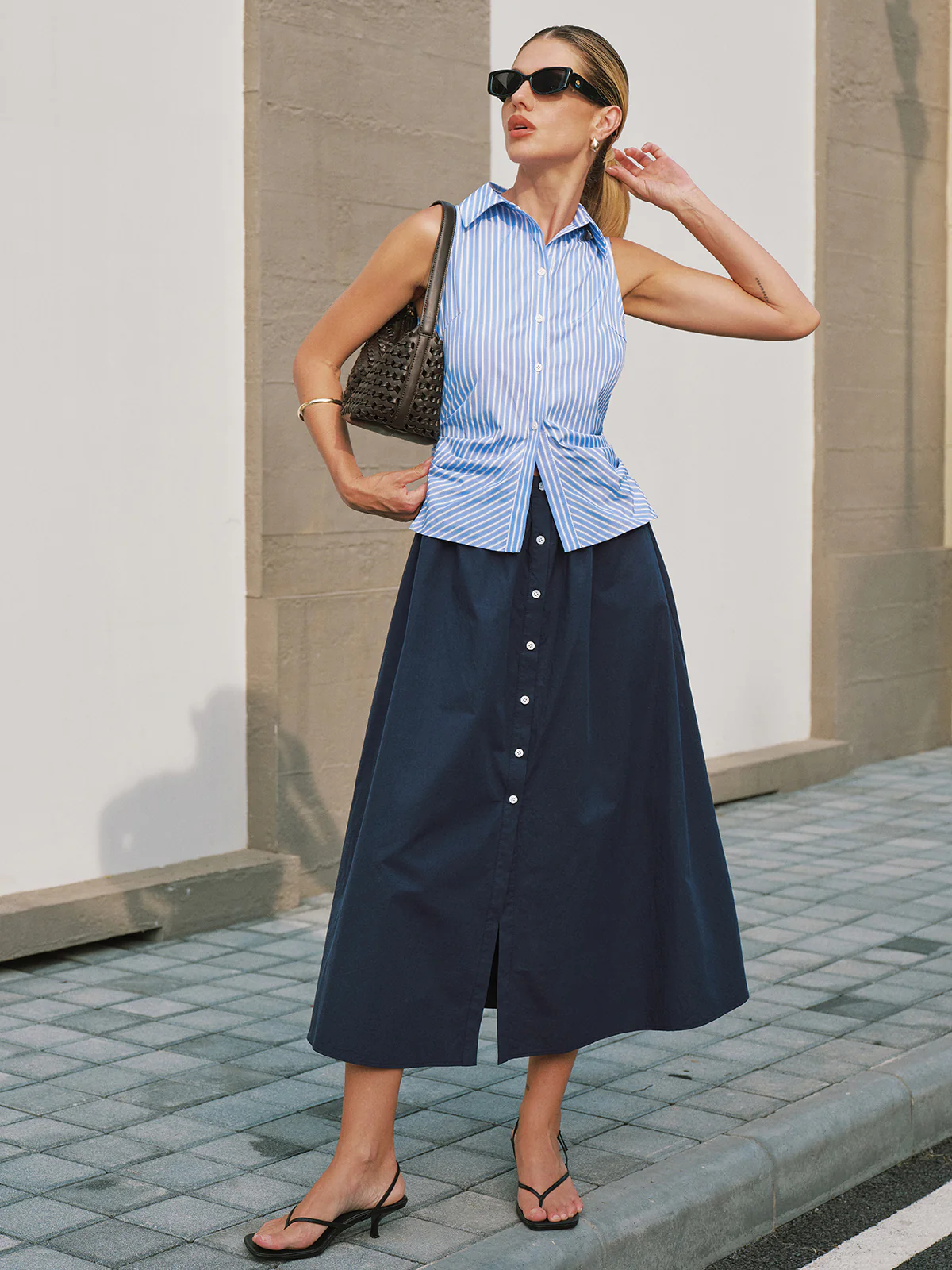 Sleeveless Striped Patchwork Midi Dress - Image 3