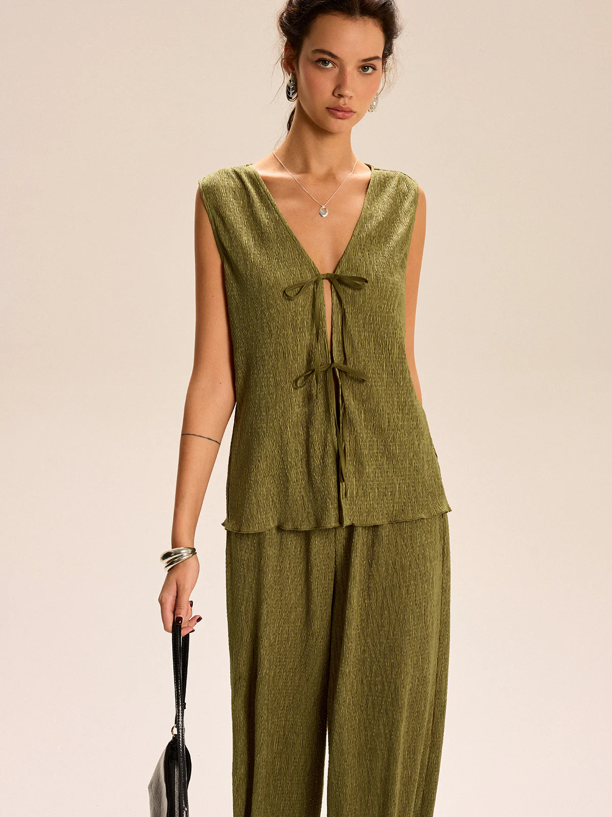 Sleeveless Tie-Front Top and Wide-Leg Pants Set - Image 2