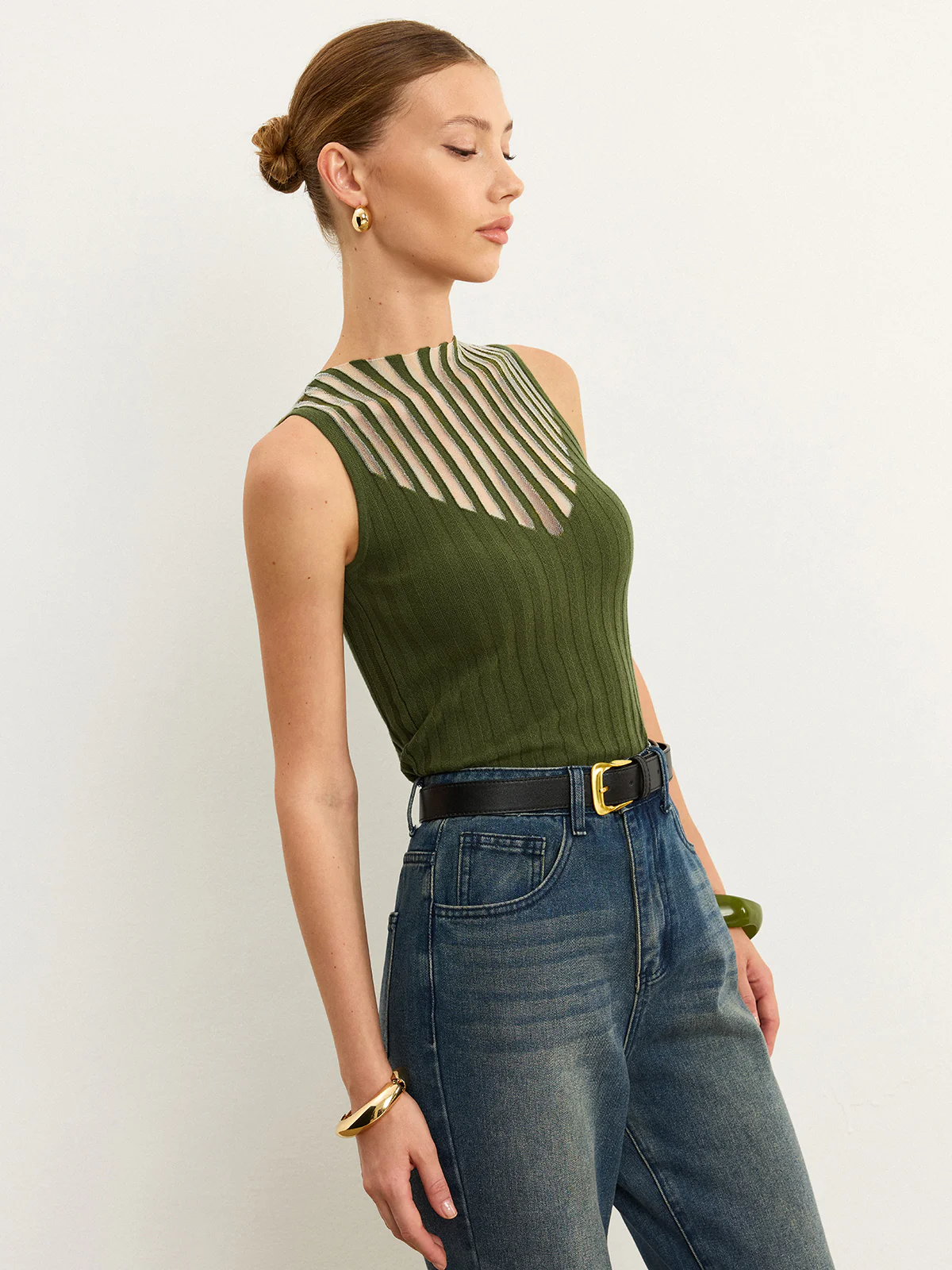Sleeveless Top with Striped Sheer Detail - Image 4