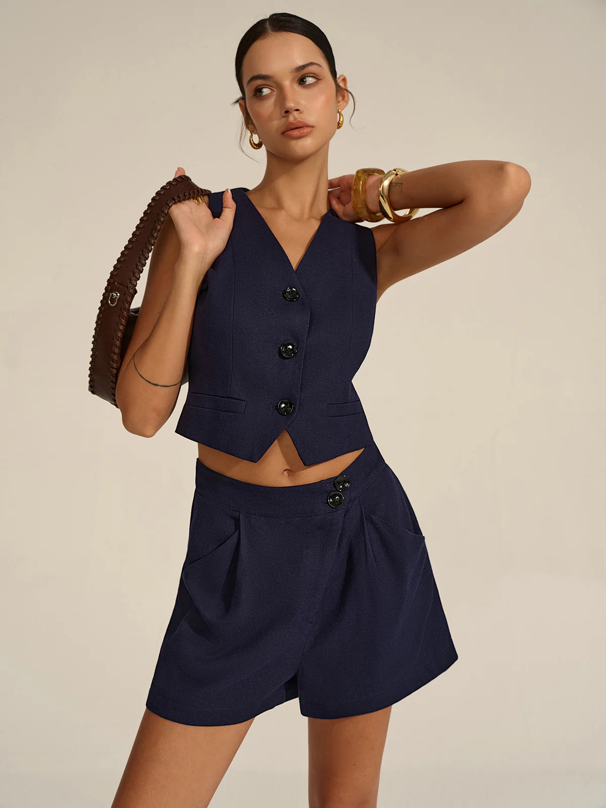 Sleeveless V-Neck Blazer Vest and Shorts Set - Image 2