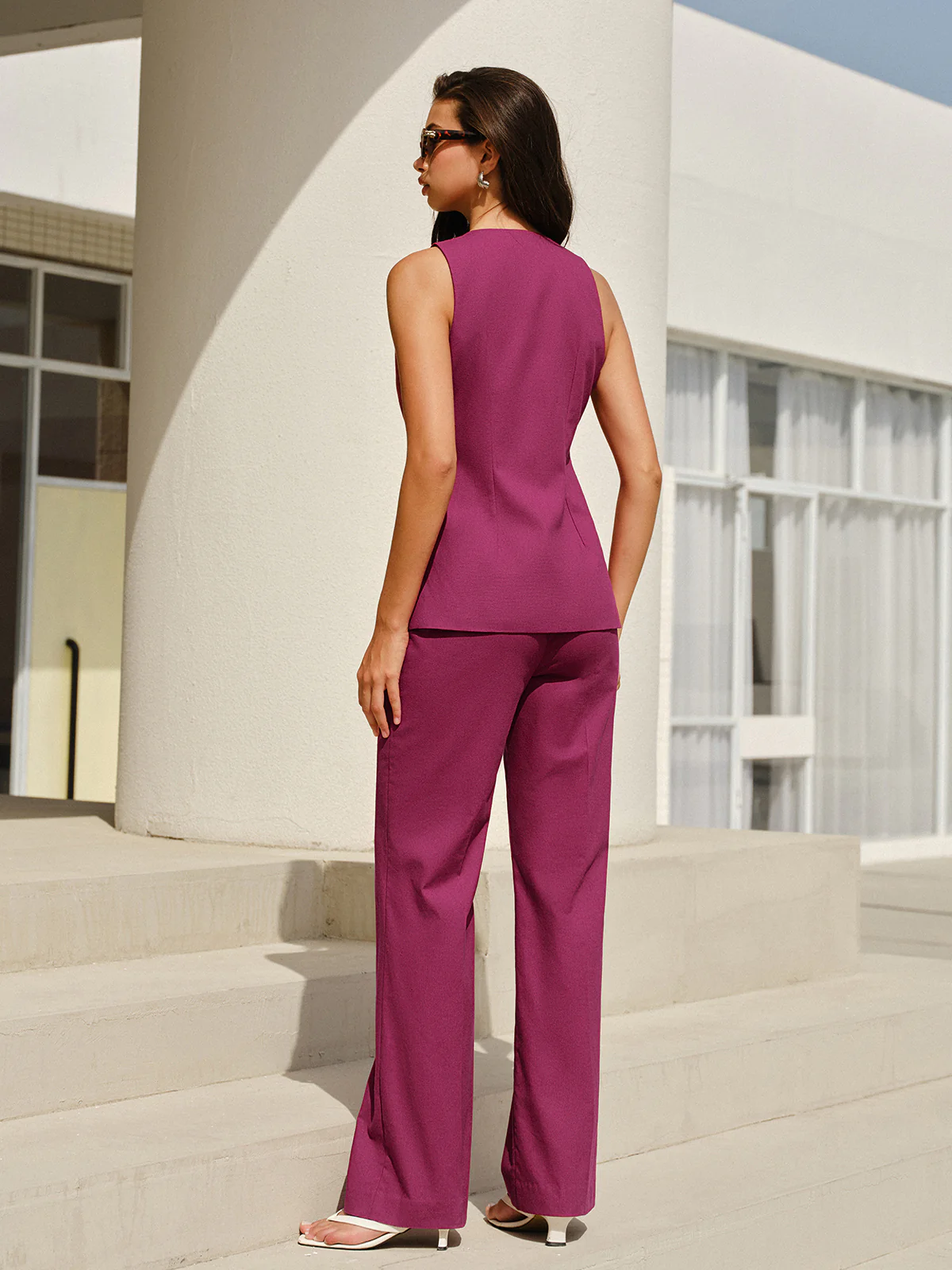 Sleeveless V-Neck Pants Set With Floral Buttons - Image 6