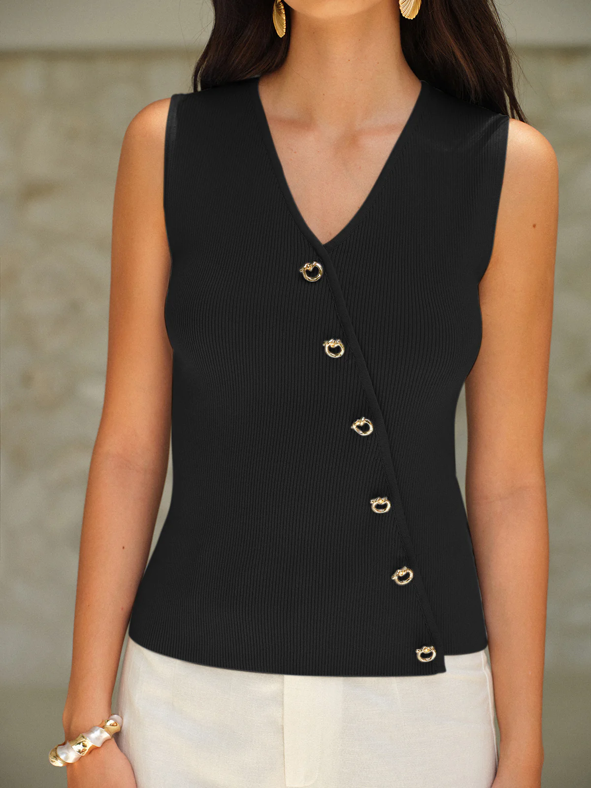 Sleeveless V-Neck Top With Gold Buttons - Image 7