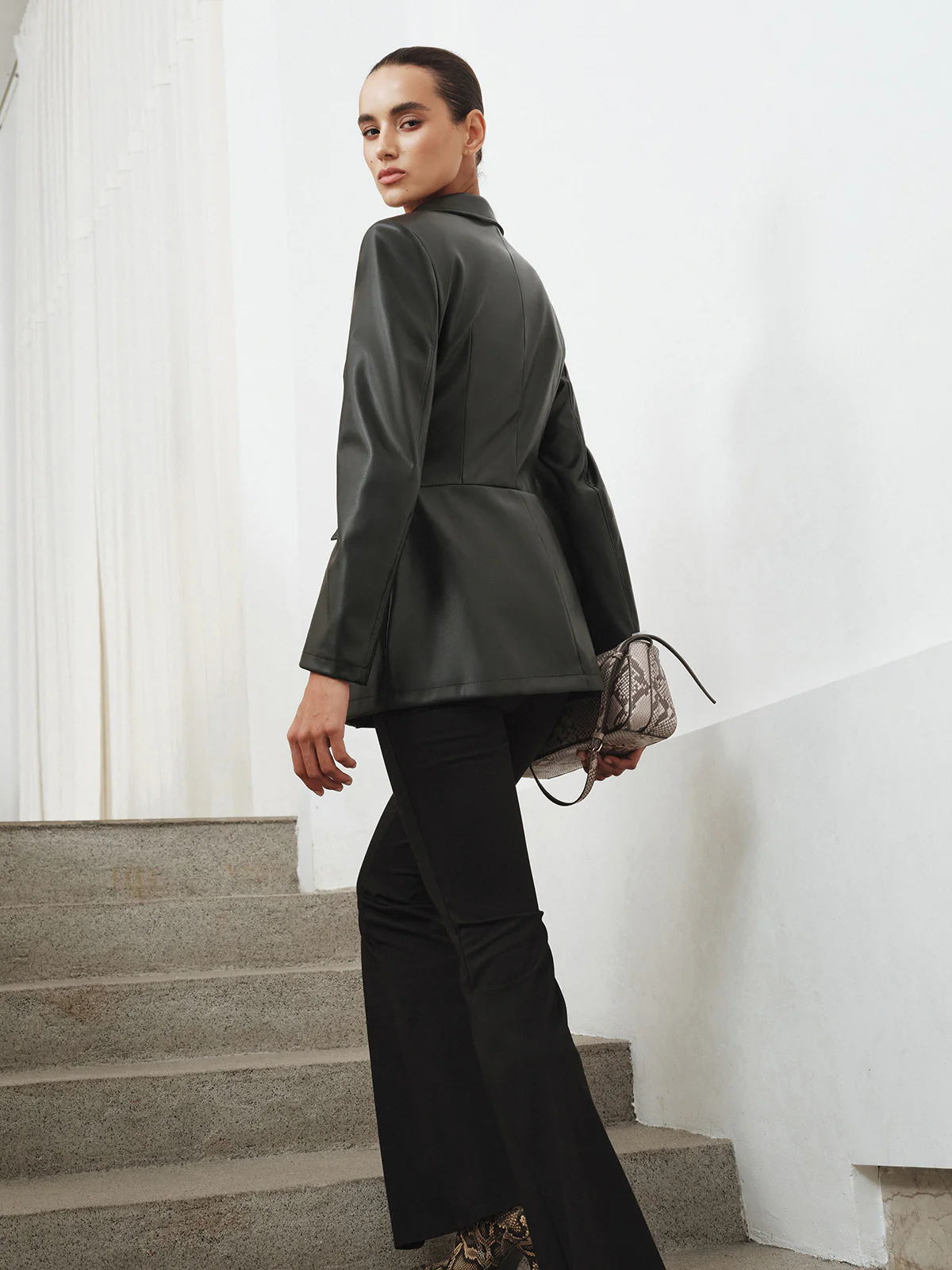 Slim Fit Lapel PU Leather Jacket - Image 3