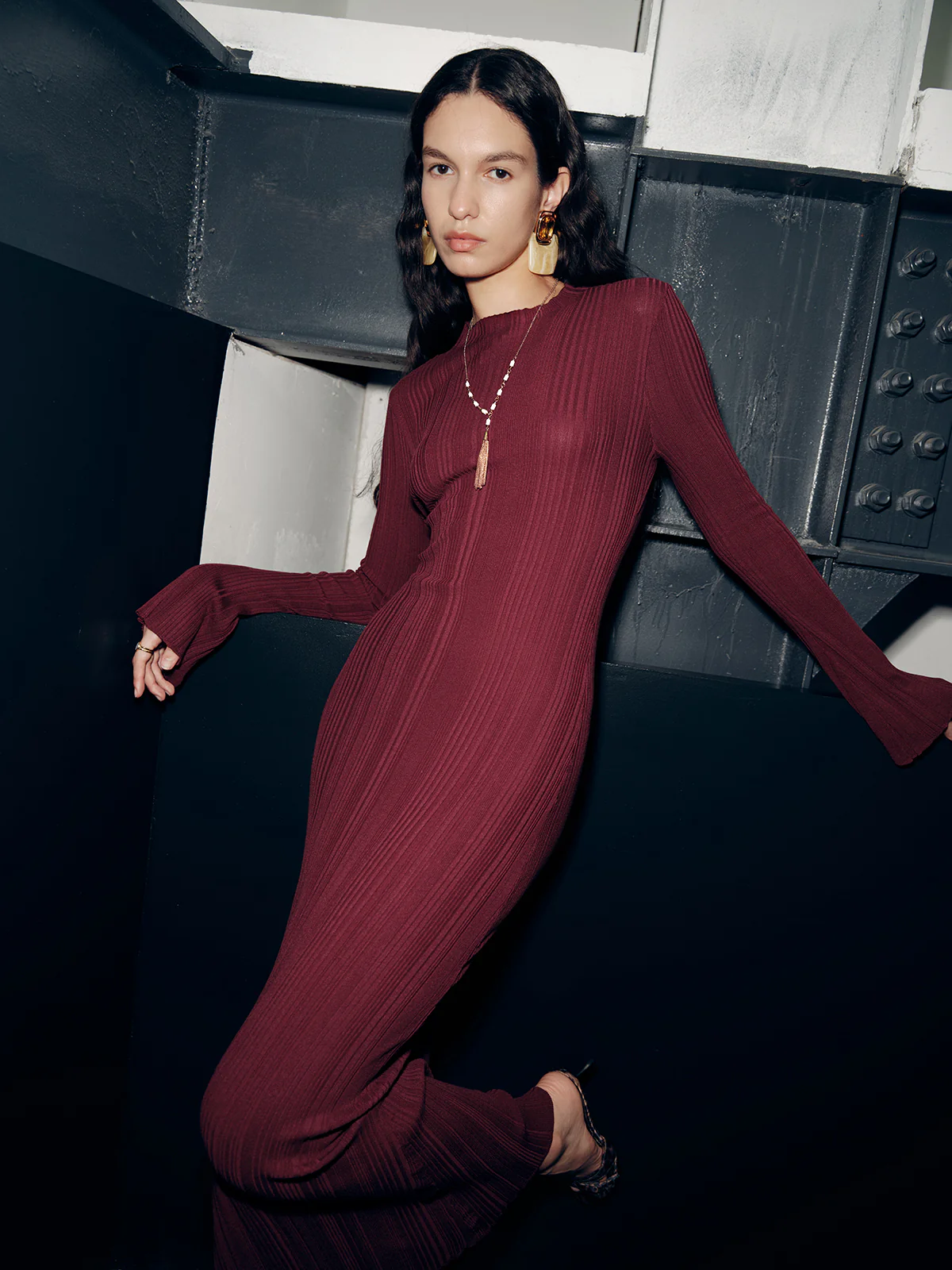 Slim-Fit Long Sleeve Knit Maxi Dress - Image 2
