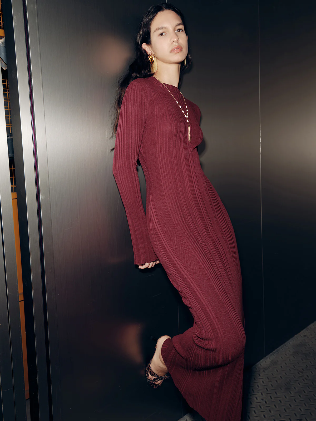Slim-Fit Long Sleeve Knit Maxi Dress - Image 3