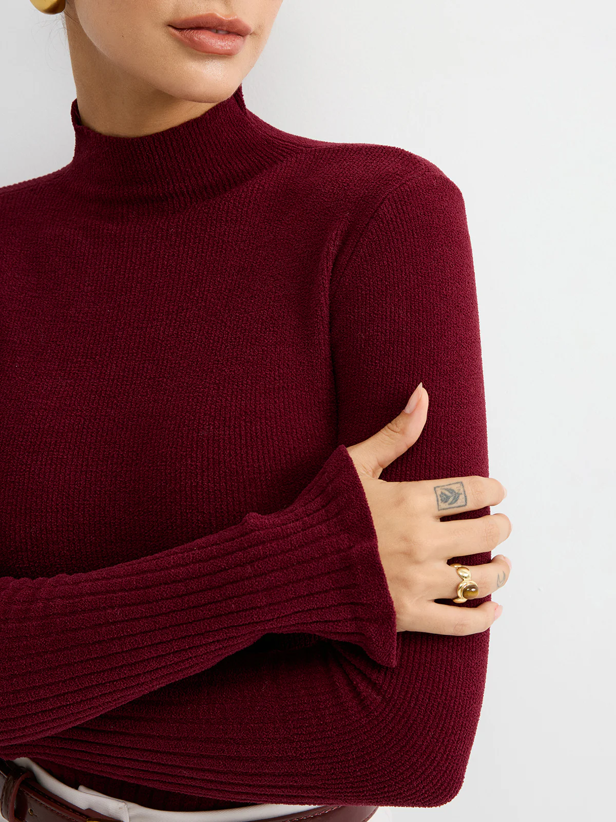 Slim Fit Mock Neck Ribbed Knit Top - Image 2