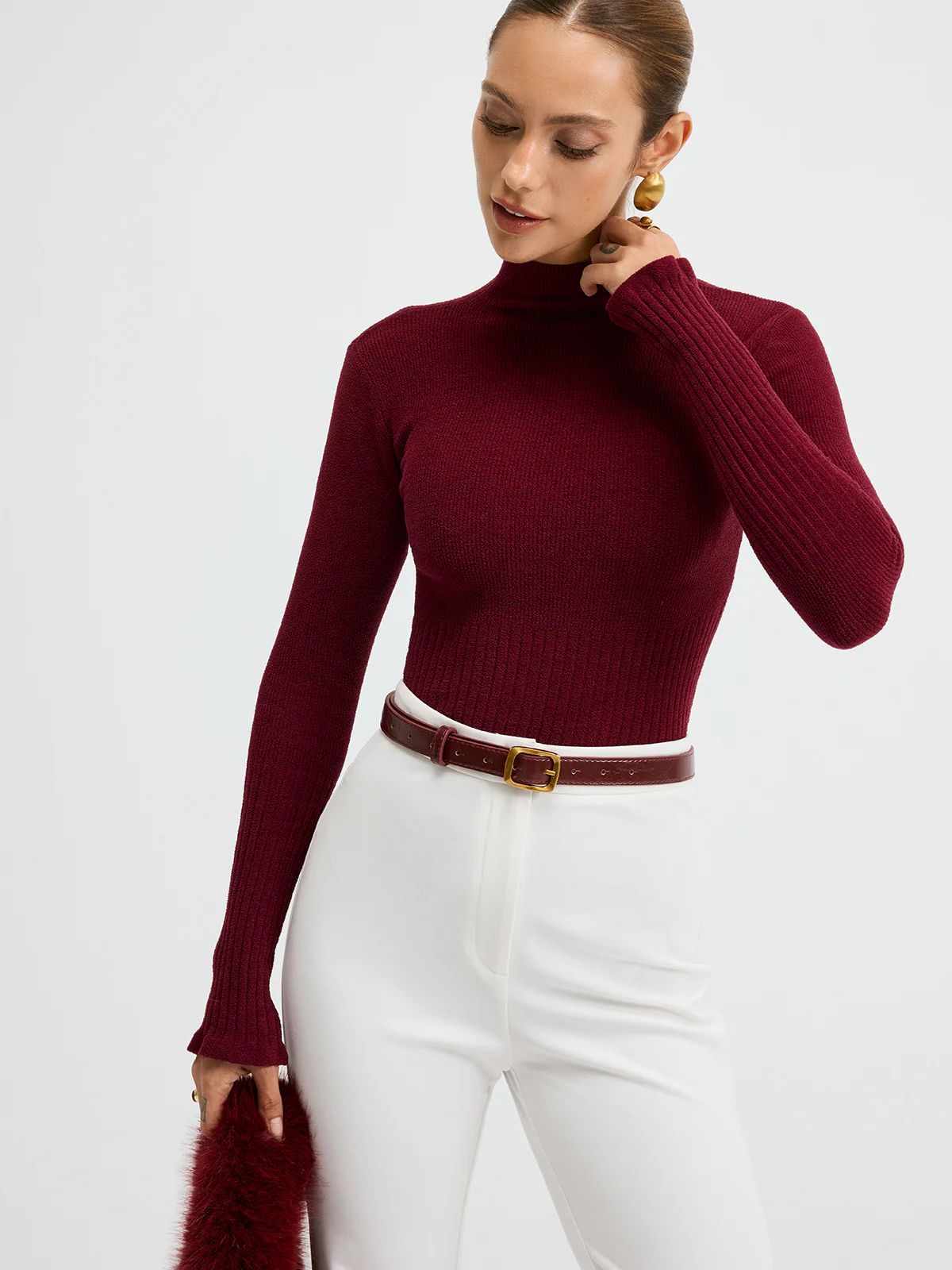 Slim Fit Mock Neck Ribbed Knit Top - Image 3