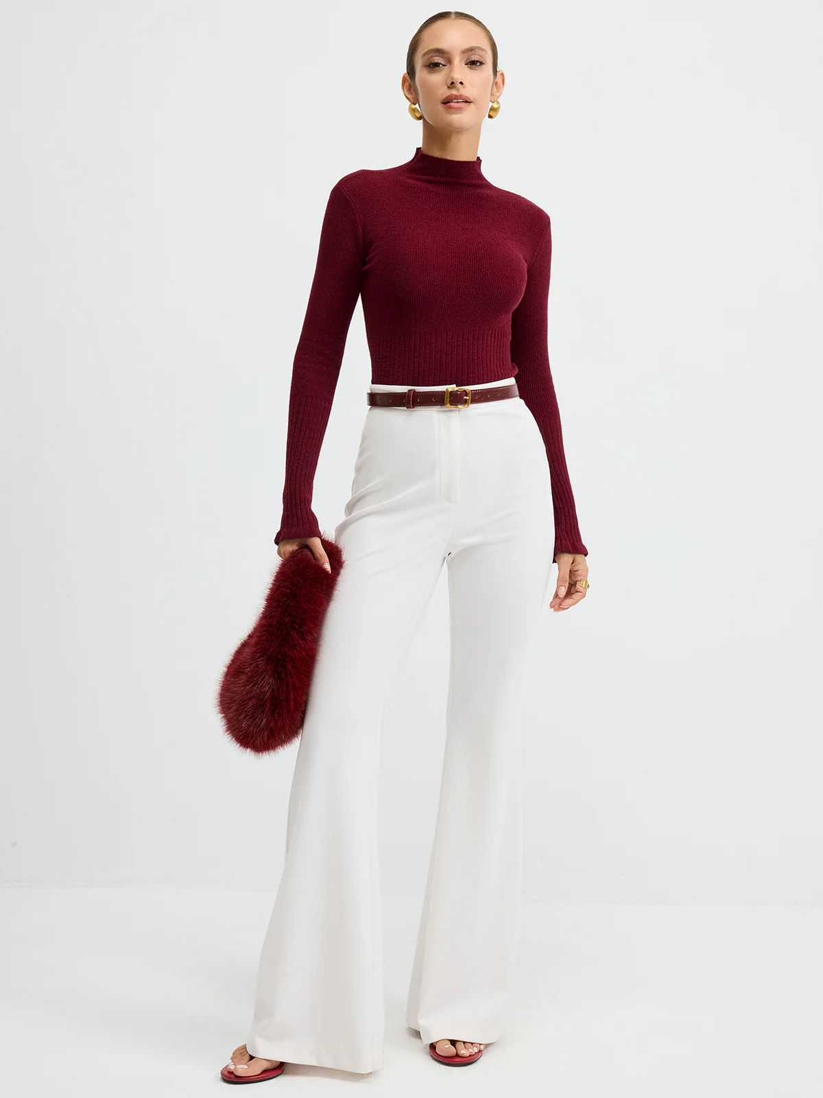 Slim Fit Mock Neck Ribbed Knit Top - Image 4
