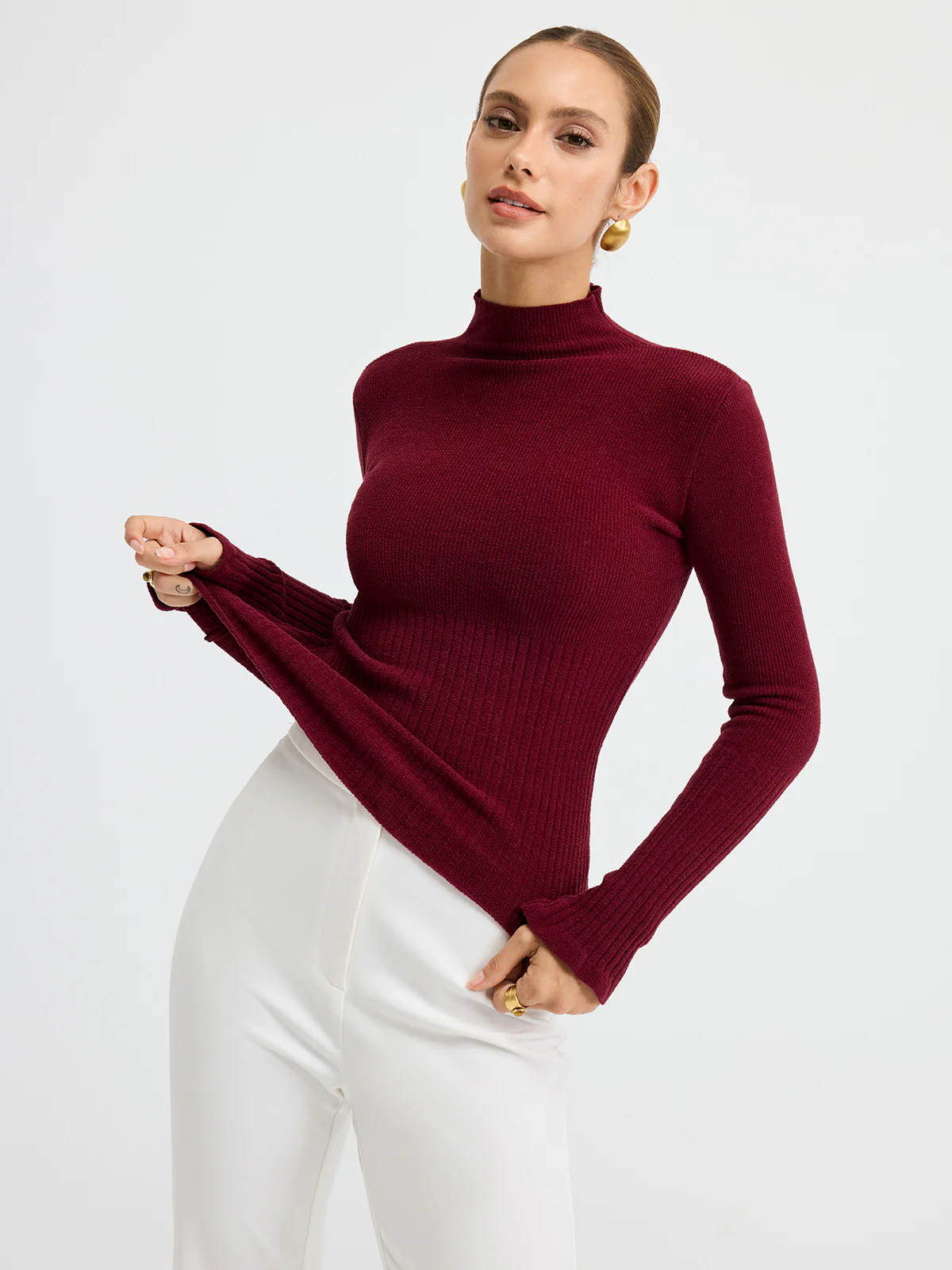 Slim Fit Mock Neck Ribbed Knit Top - Image 5