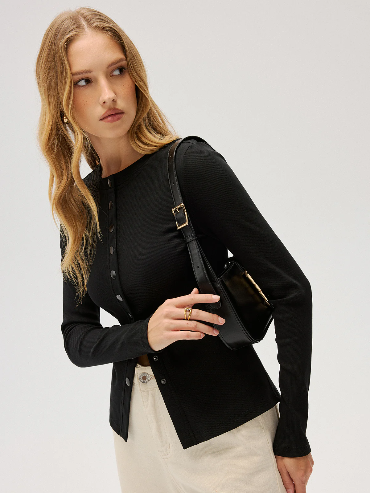 Slim-Fit Ribbed Button-Front Top