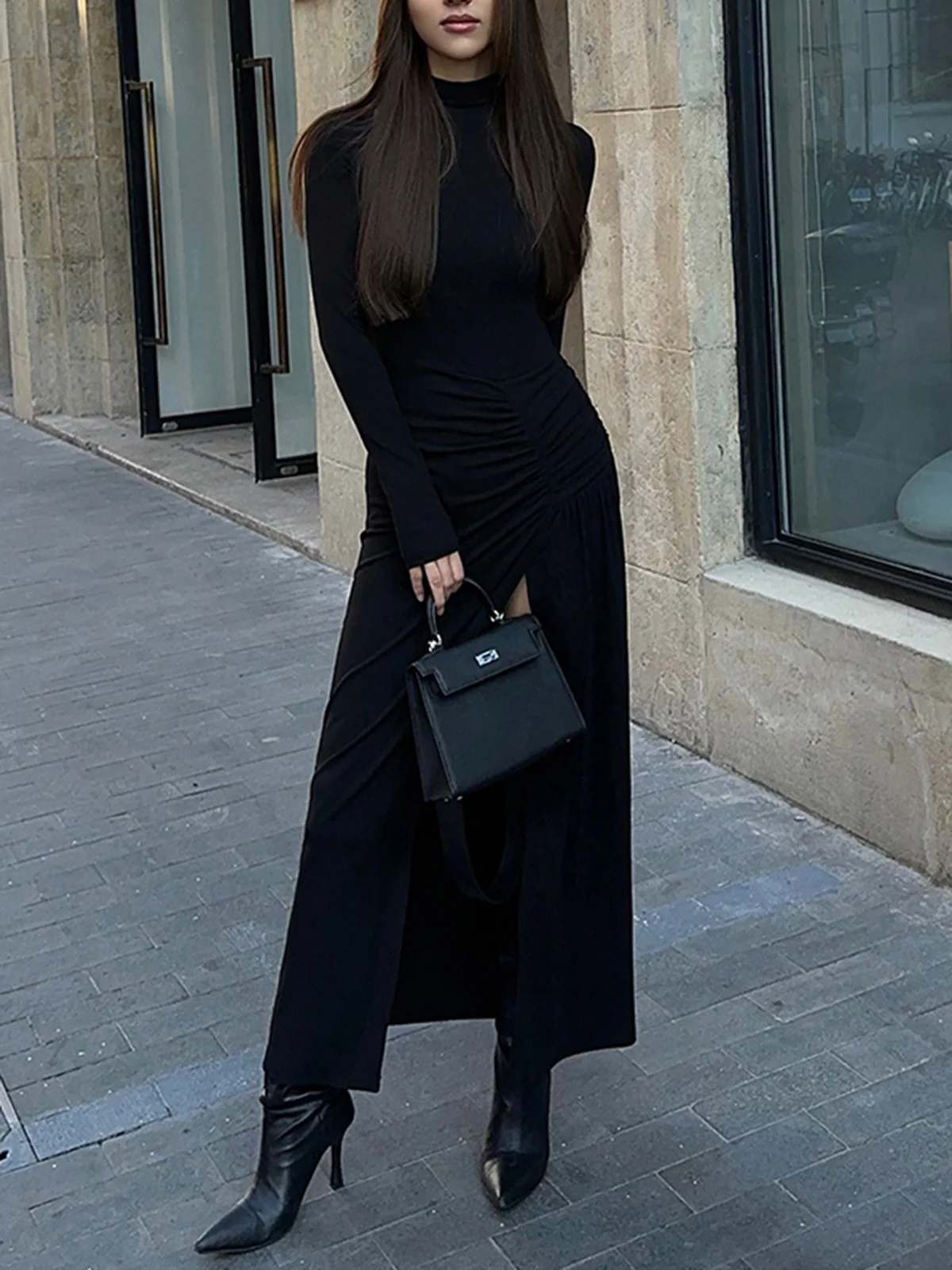 Slit Pleated Long Sleeve Bodycon Mock Neck Long Dress - Image 3