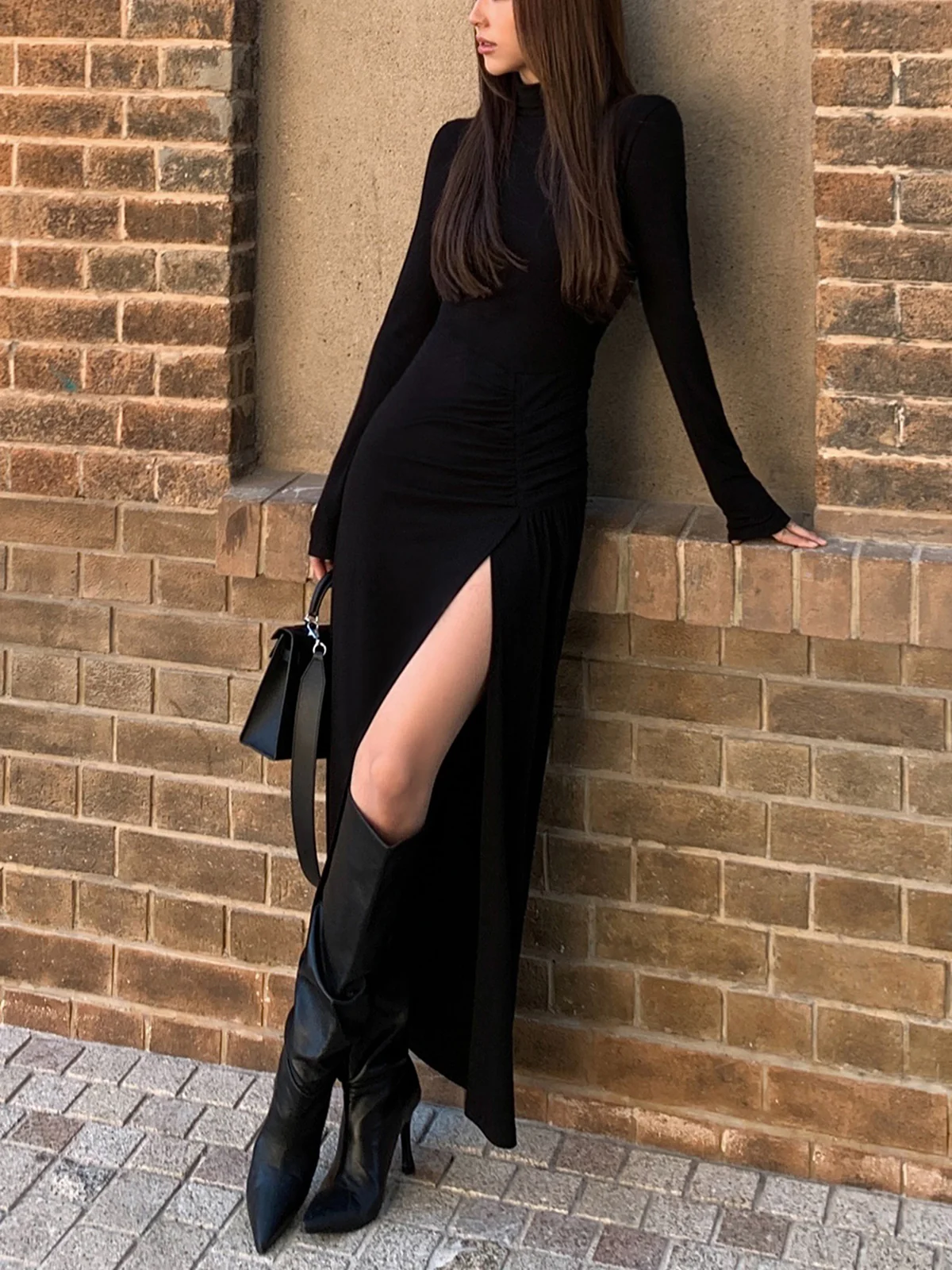 Slit Pleated Long Sleeve Bodycon Mock Neck Long Dress - Image 4