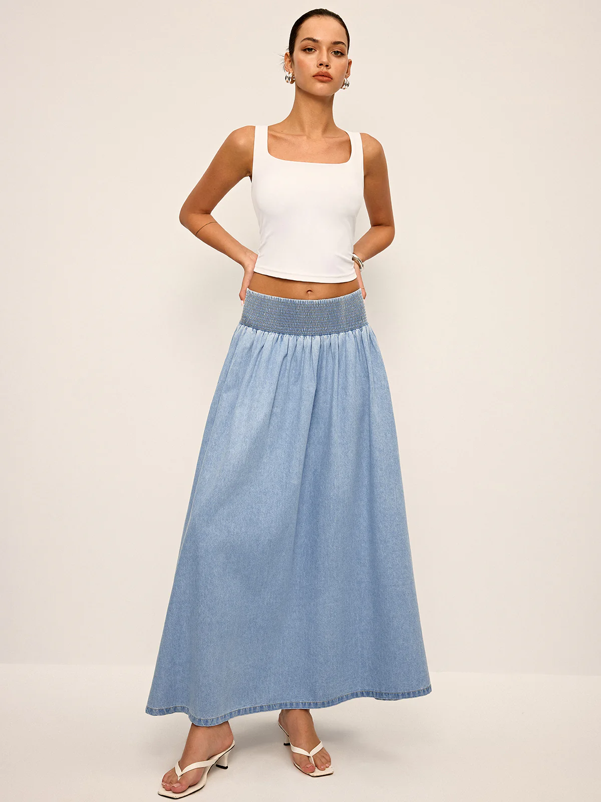 Smocked Waistband Denim Maxi Skirt - Image 2