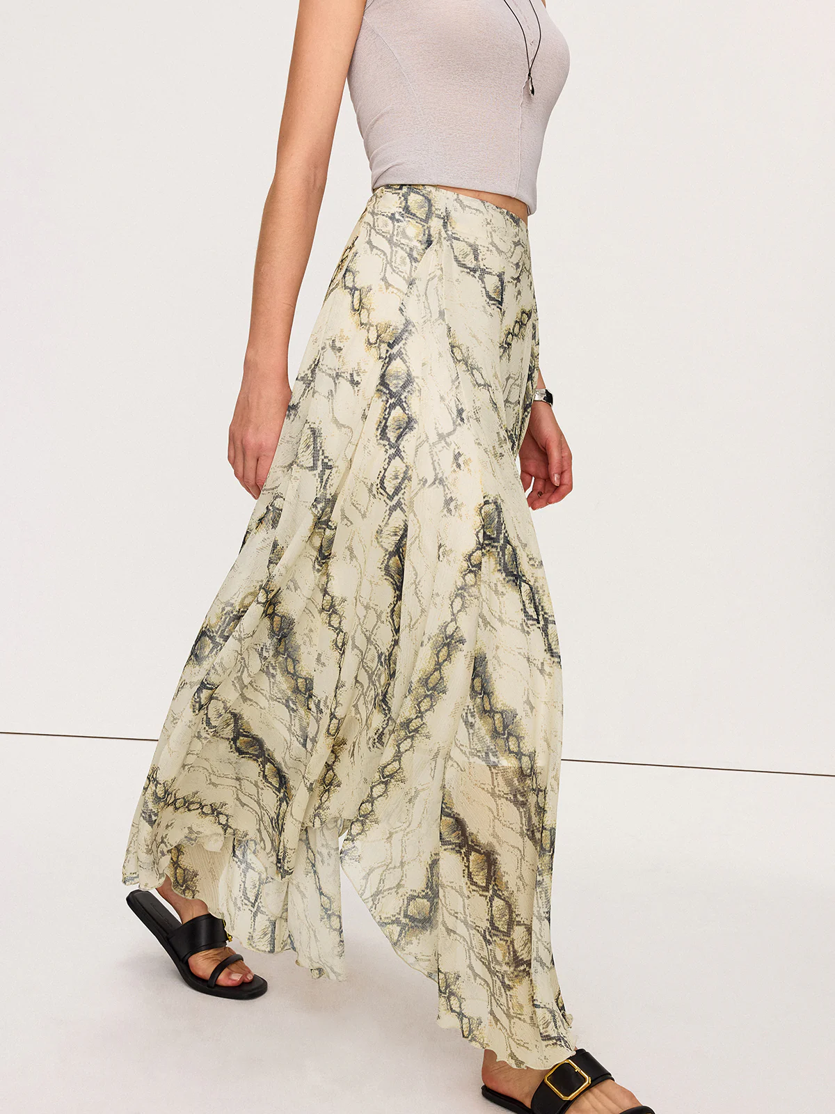 Semi-Sheer Snake Print Flowy Maxi Skirt