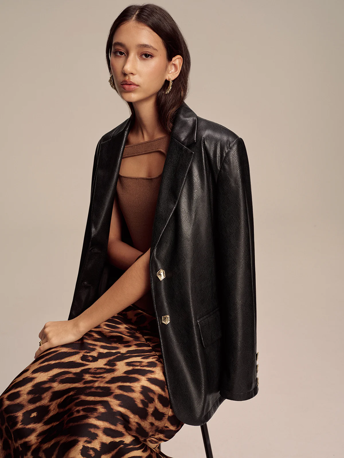 Snake Print Metal Button PU Leather Blazer - Image 3