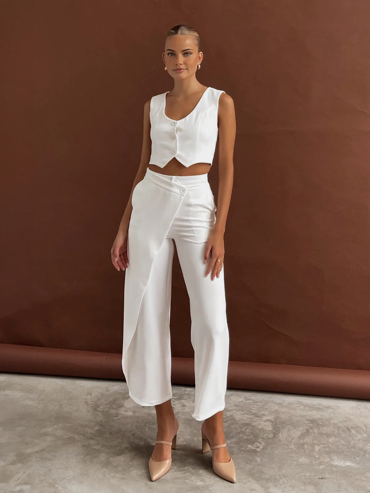 Solid  Asymmetrical Straight Leg Pants Set - Image 4