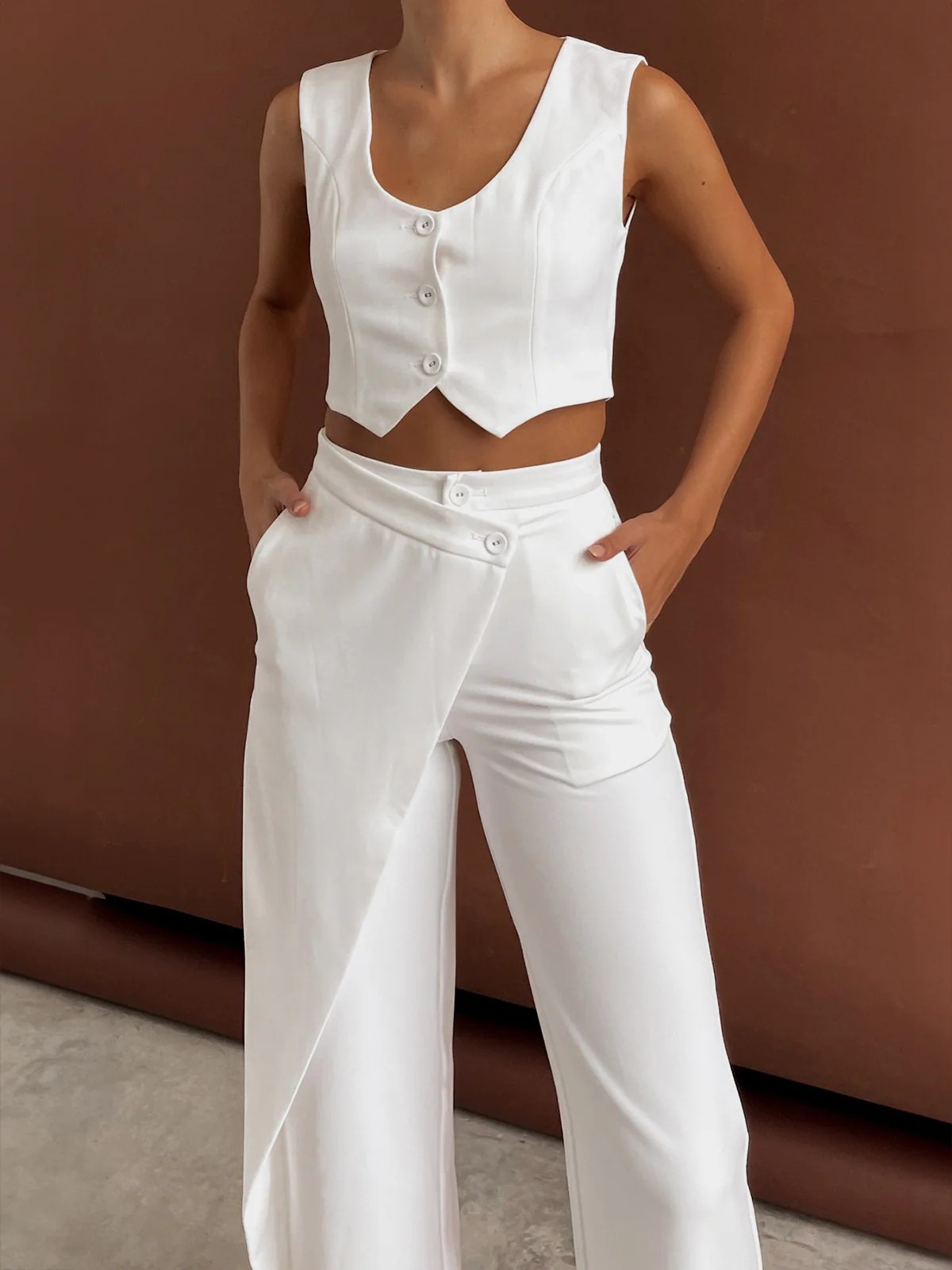 Solid  Asymmetrical Straight Leg Pants Set - Image 5