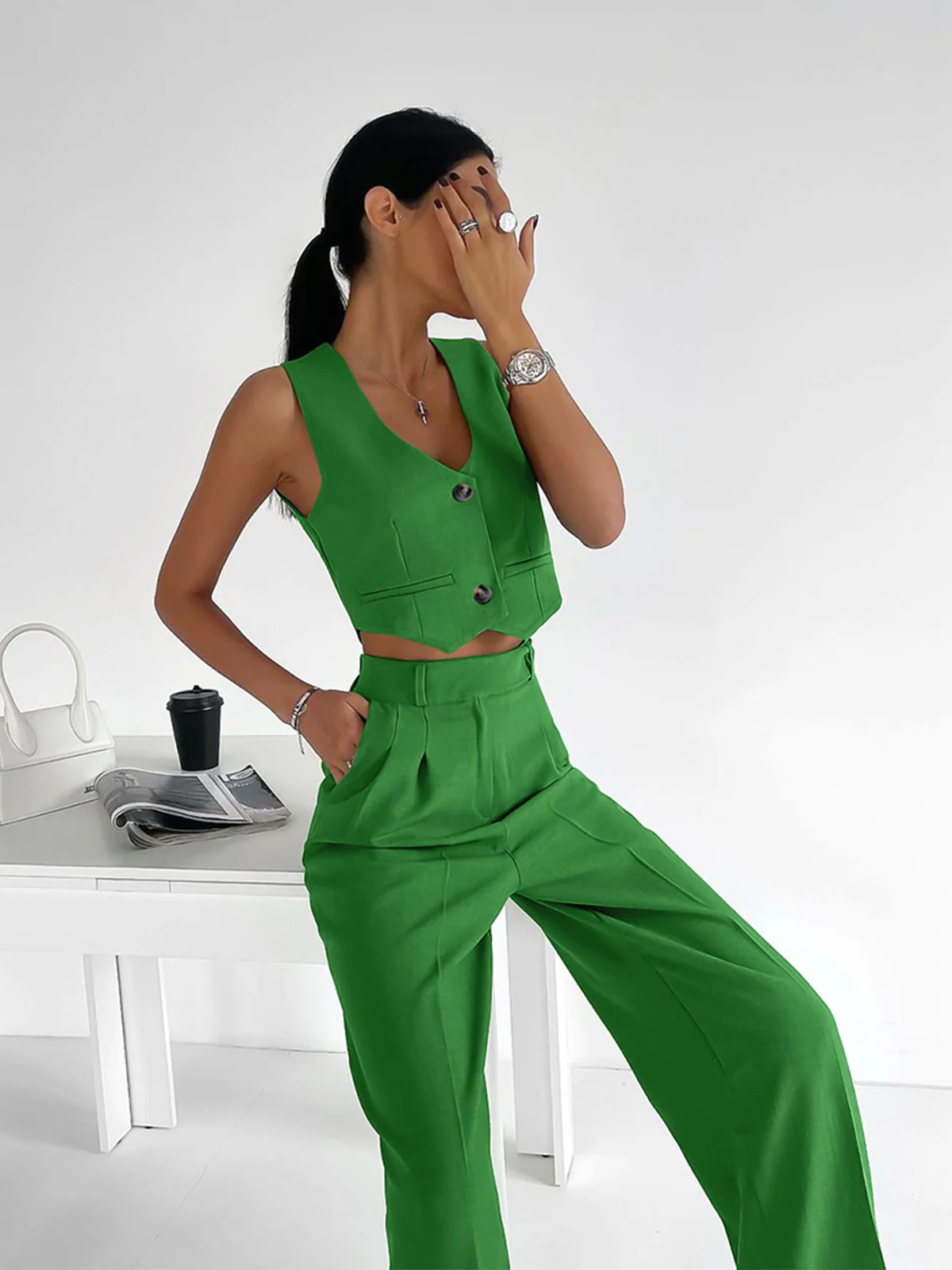 Solid Button Front Waistcoat With Pants Set - Image 3