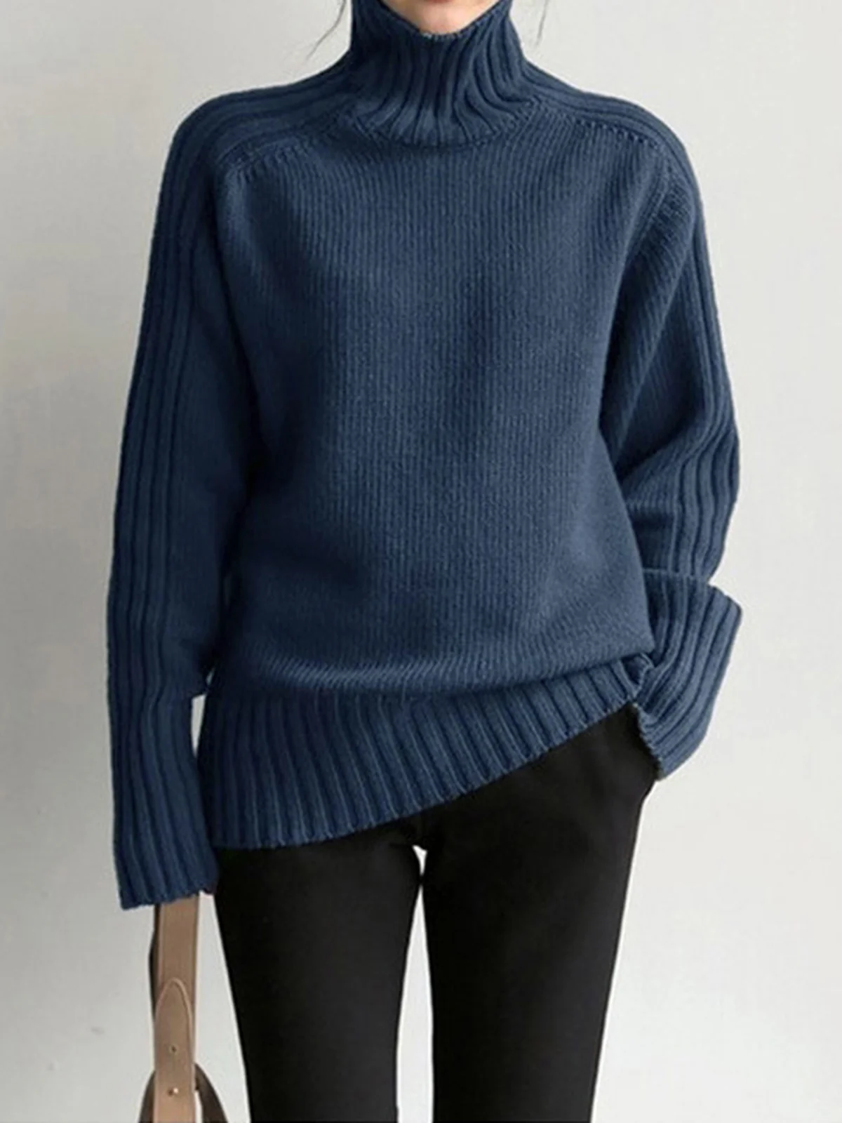 Solid High Neck Knit Sweater - Image 2