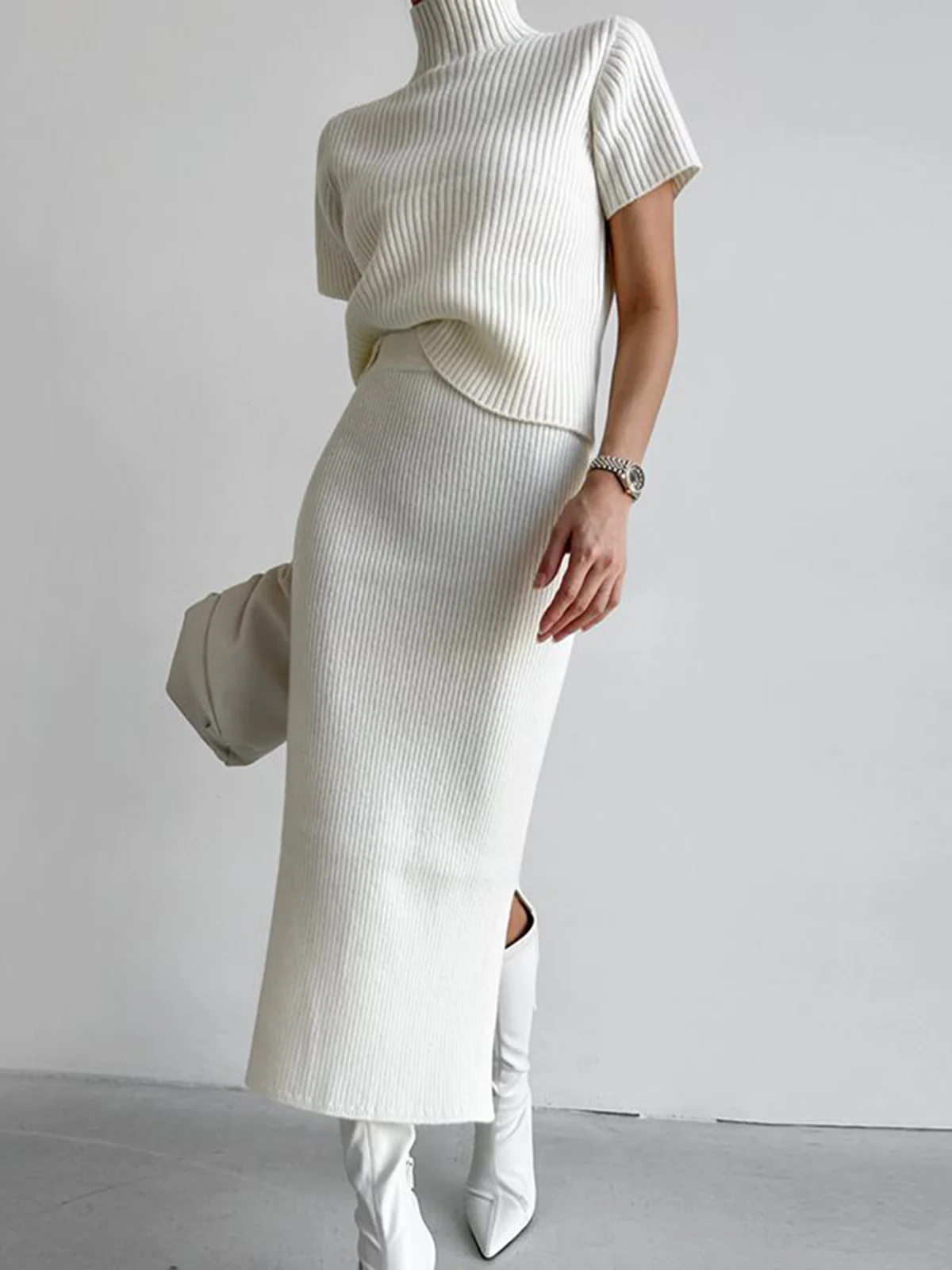Solid High Neck Split Ribbed Knit Two Pieces Skirt Set - Image 2