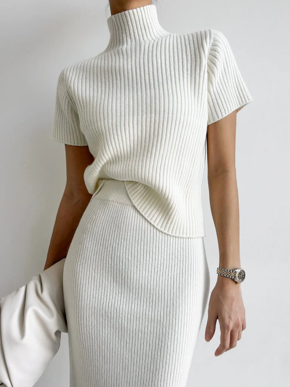 Solid High Neck Split Ribbed Knit Two Pieces Skirt Set - Image 3