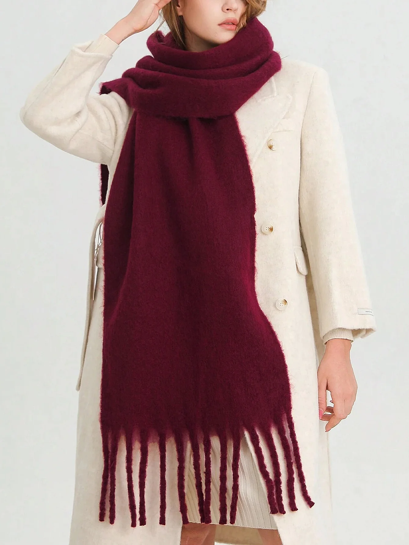 Solid Oversized Fringed Scarf - Image 2
