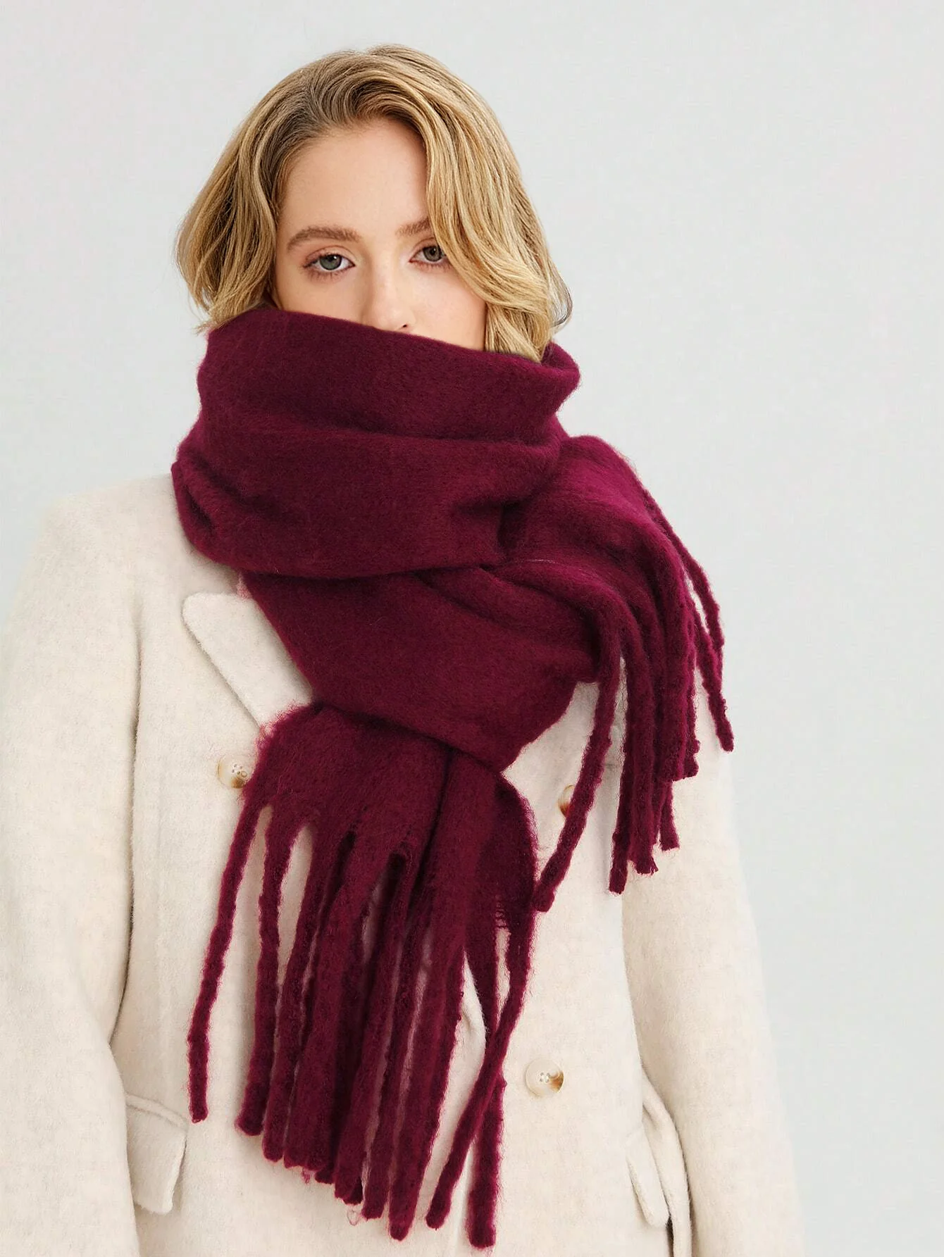 Solid Oversized Fringed Scarf - Image 4