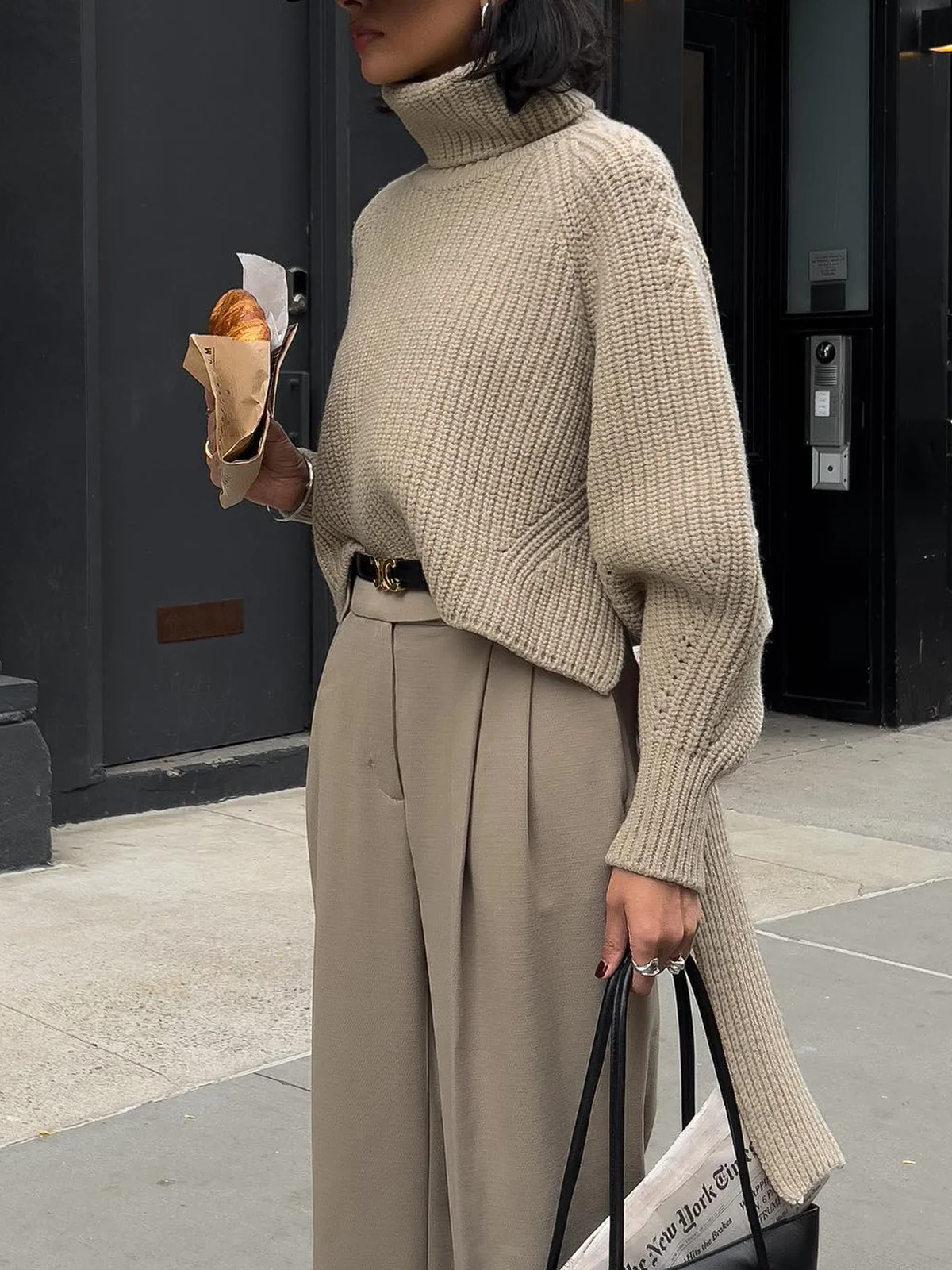 Solid Oversized Ribbed Knit High Neck Sweater - Image 2