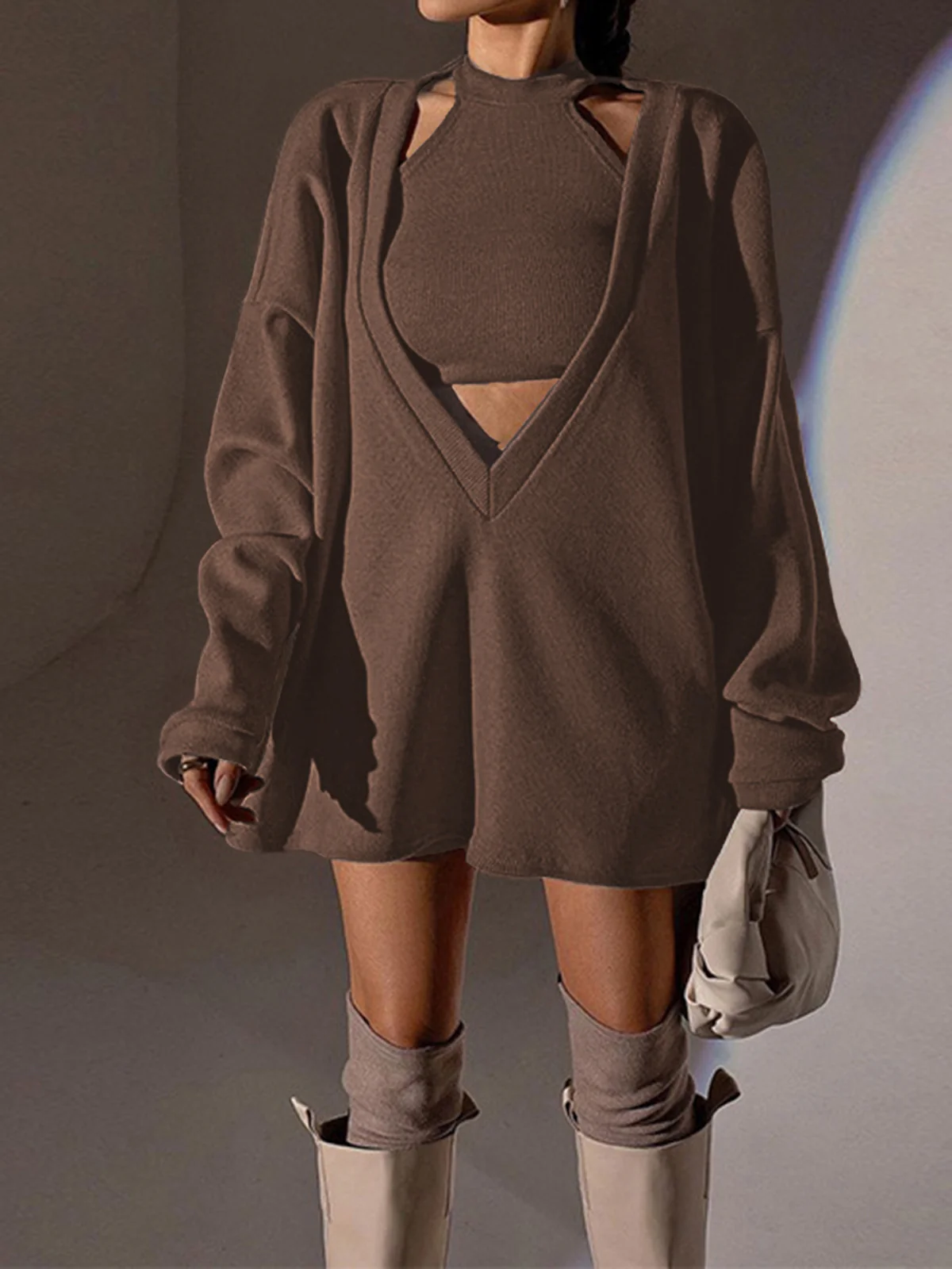 Solid Ribbed Knit Sweatshirt with Vest - Image 3